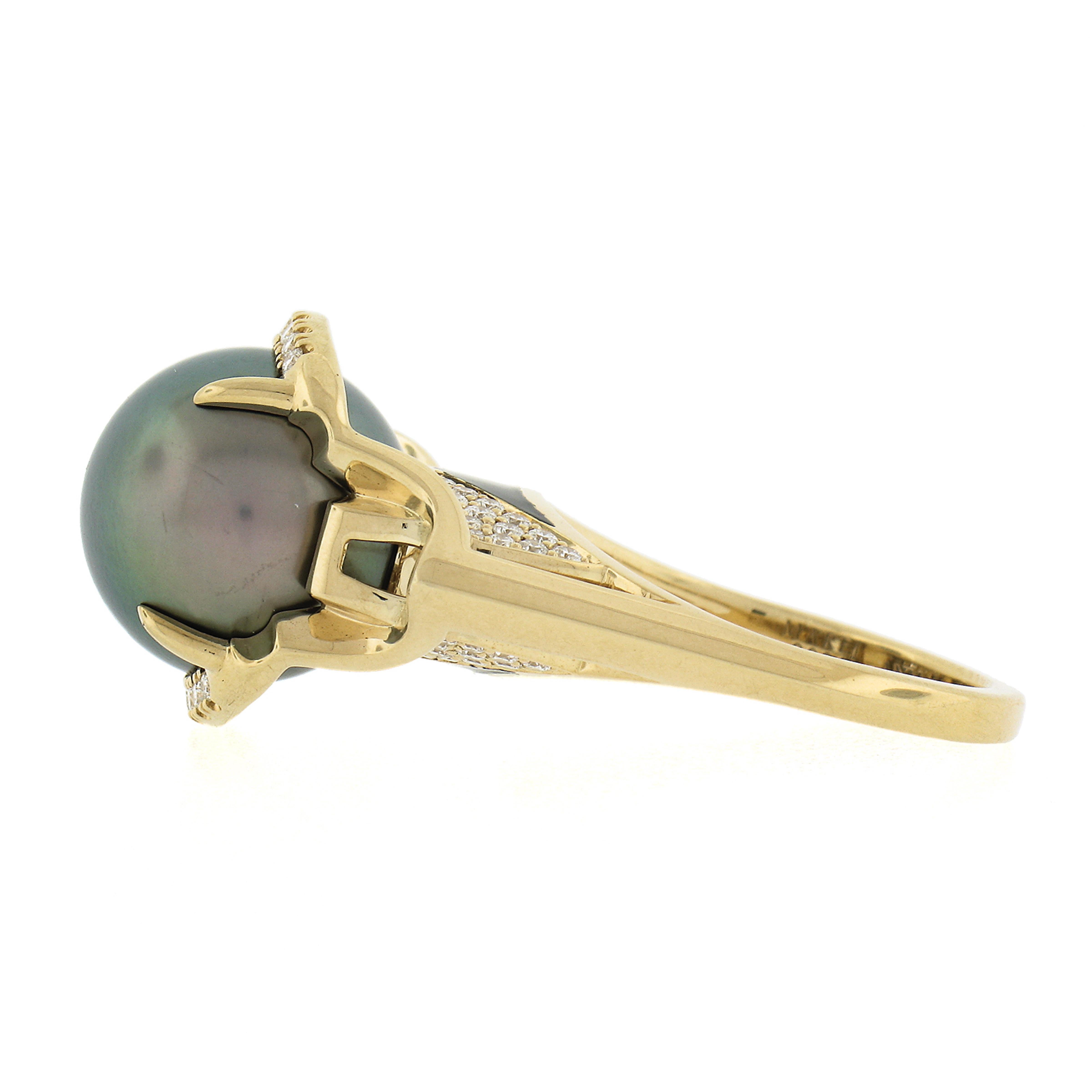 Angie Marie 18k Gold 13mm Tahitian Pearl Diamond Black Enamel Isis Goddess Ring For Sale 2