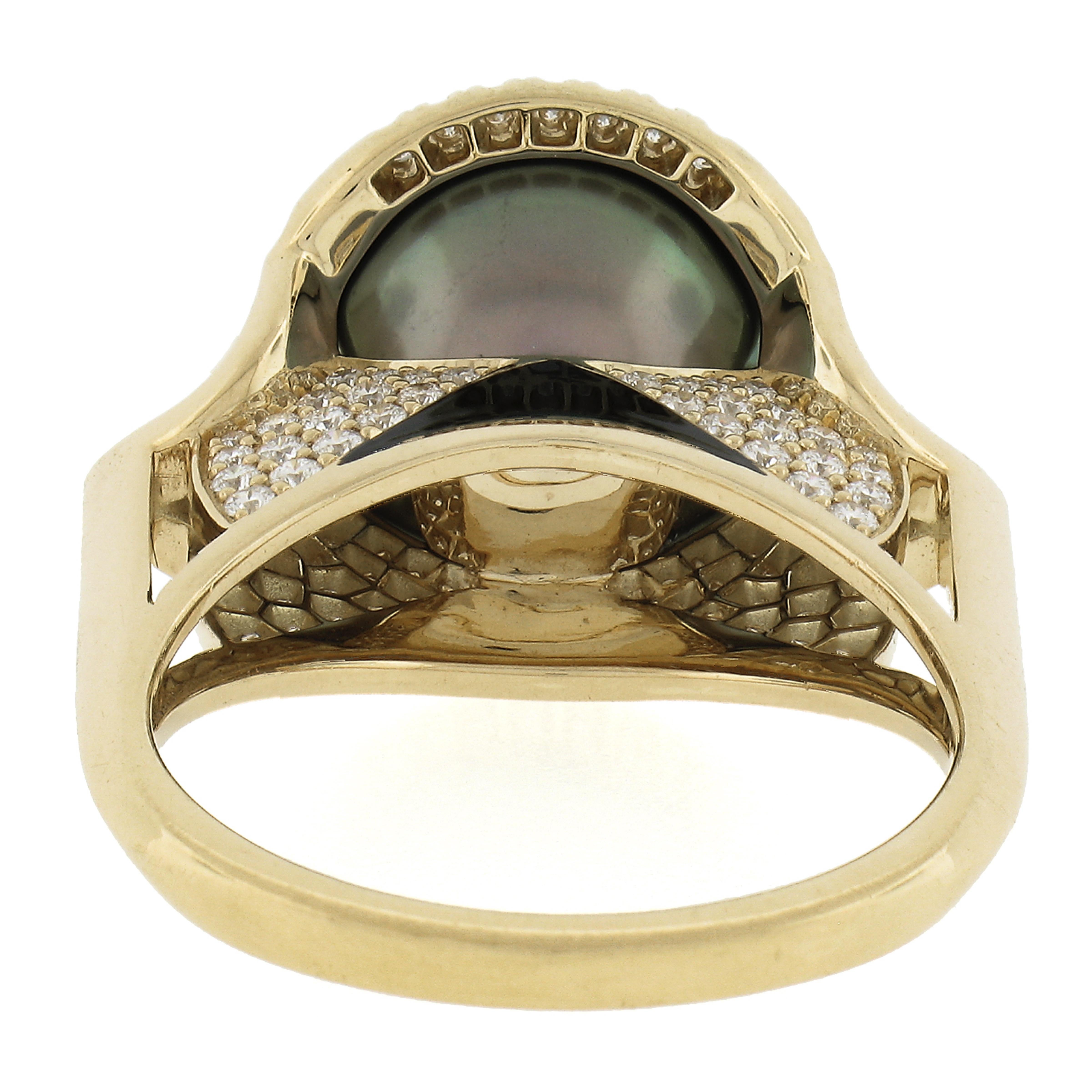 Angie Marie 18k Gold 13mm Tahitian Pearl Diamond Black Enamel Isis Goddess Ring For Sale 3