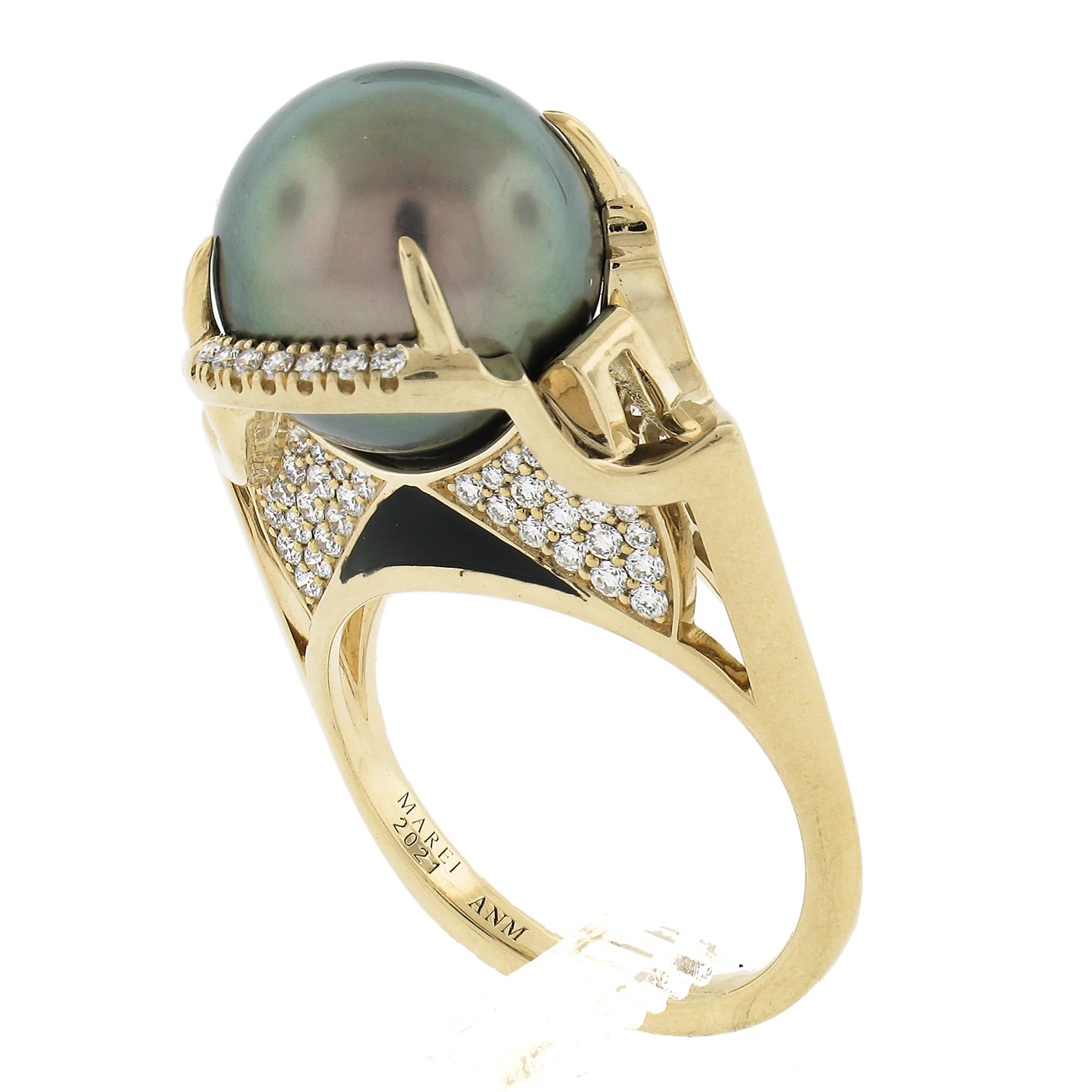 Angie Marie 18k Gold 13mm Tahitian Pearl Diamond Black Enamel Isis Goddess Ring For Sale 4