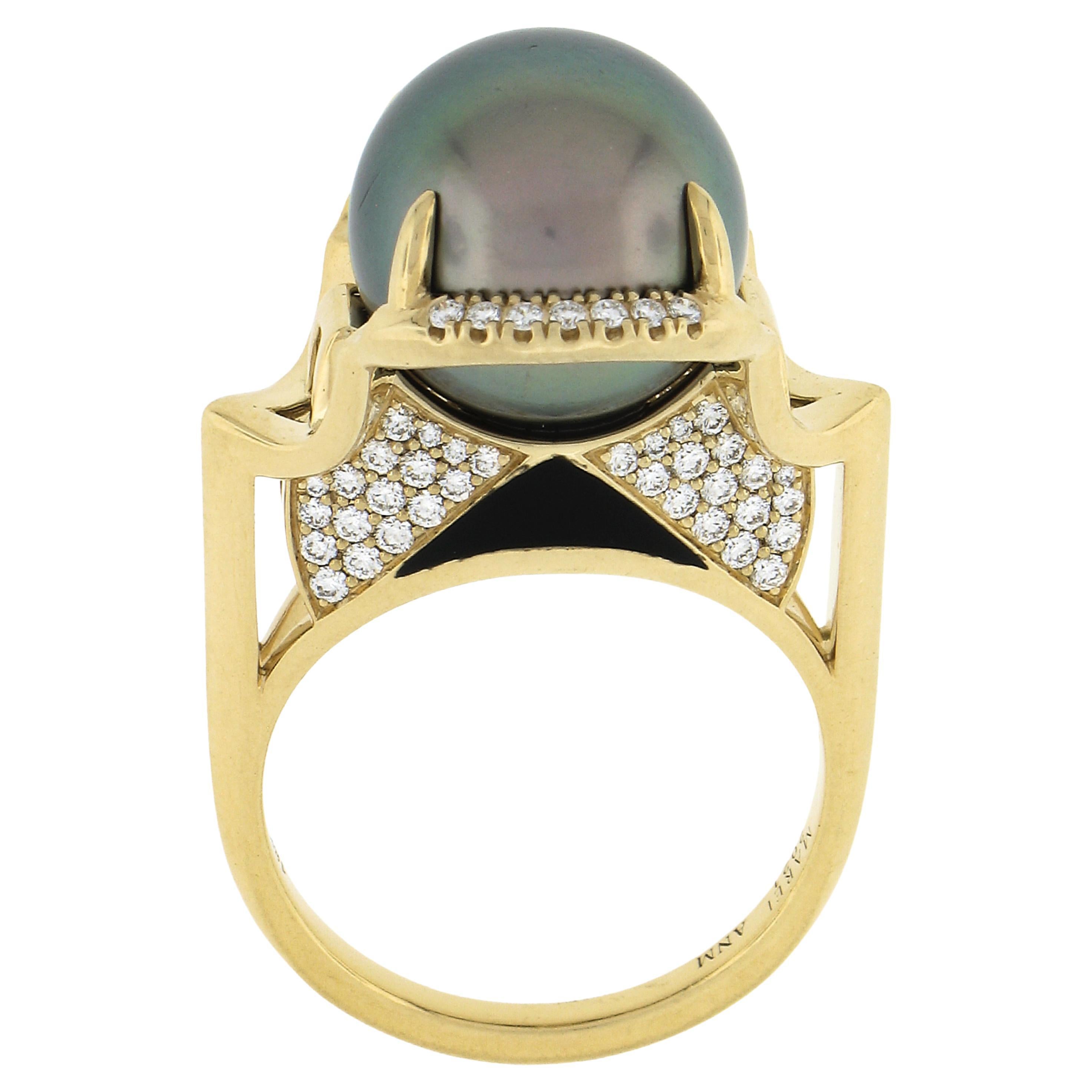 Angie Marie 18k Gold 13mm Tahitian Pearl Diamond Black Enamel Isis Goddess Ring For Sale