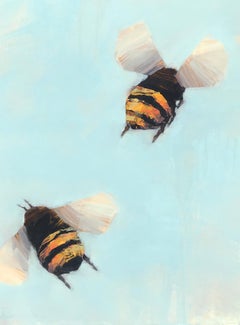 bees paintings Bees 1-37, Angie Renfro Oil on Board Painting Depicting Bees on Blue Background