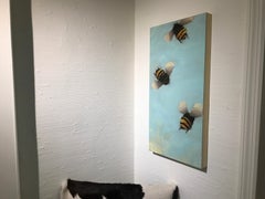 Bees 1-47, Angie Renfro Oil on Board Painting Depicting Bees on Blue Background