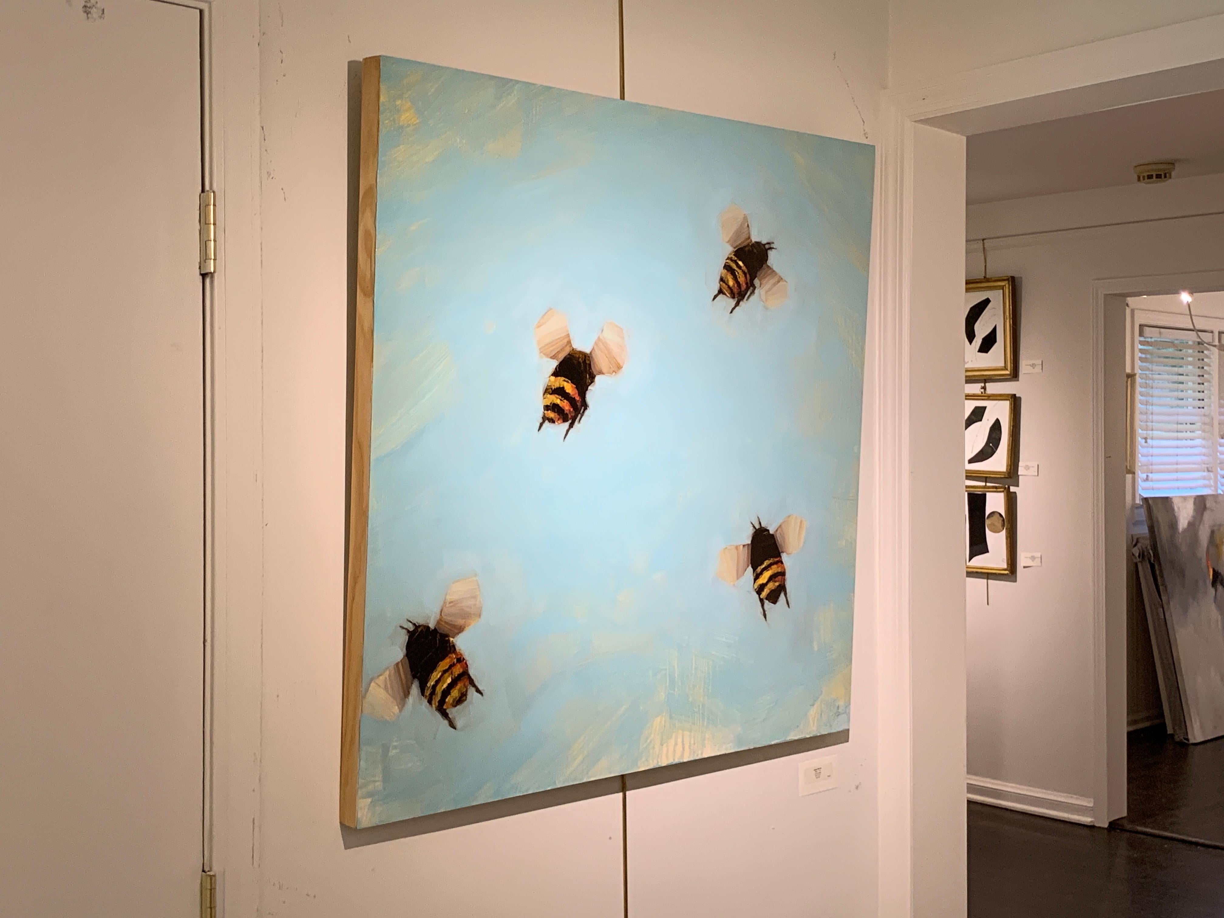 Bees 1-74 by Angie Renfro, Large Oil on Board Depicting Bees on Blue Background 1