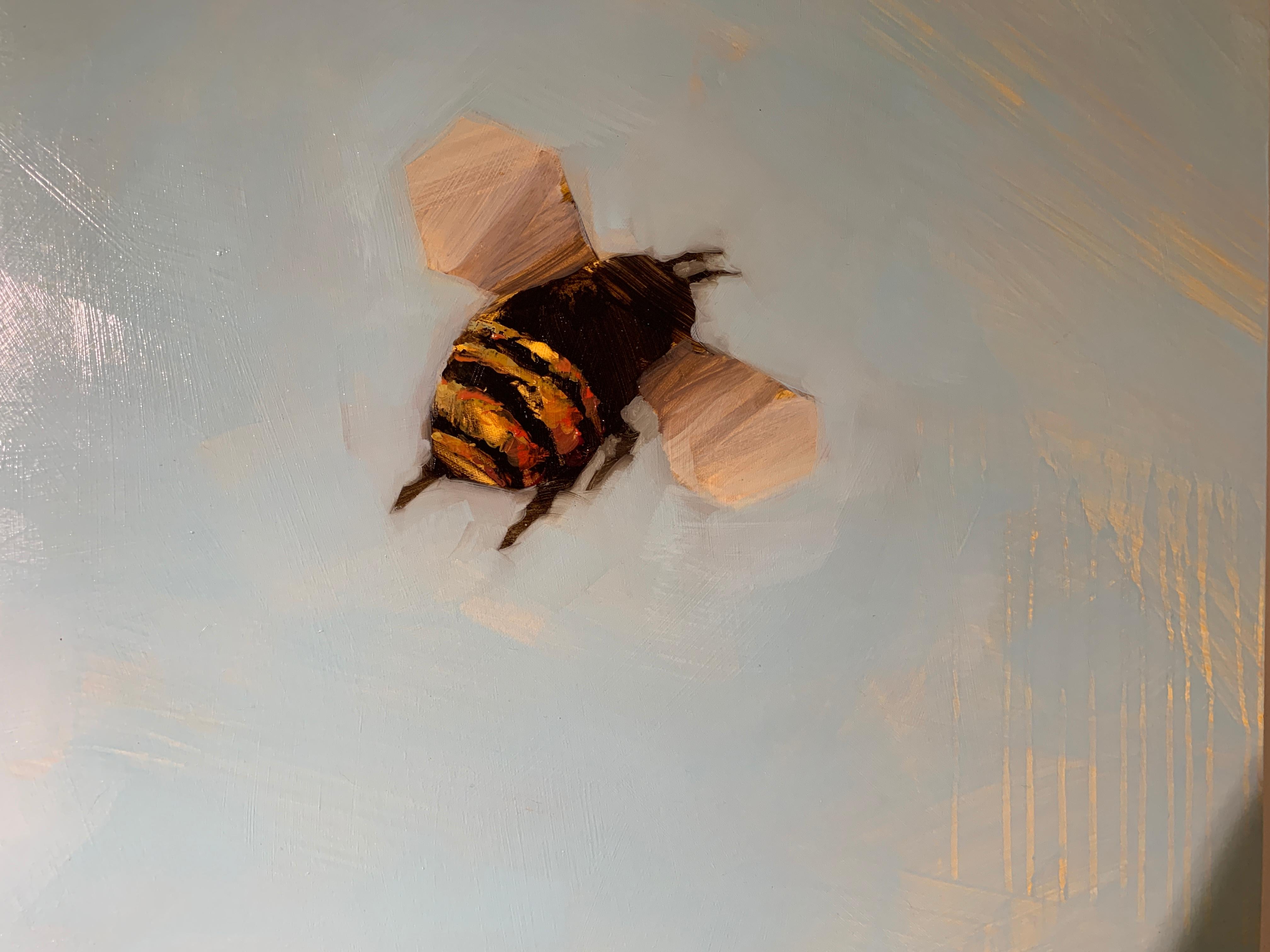 Bees 1-74 by Angie Renfro, Large Oil on Board Depicting Bees on Blue Background 5
