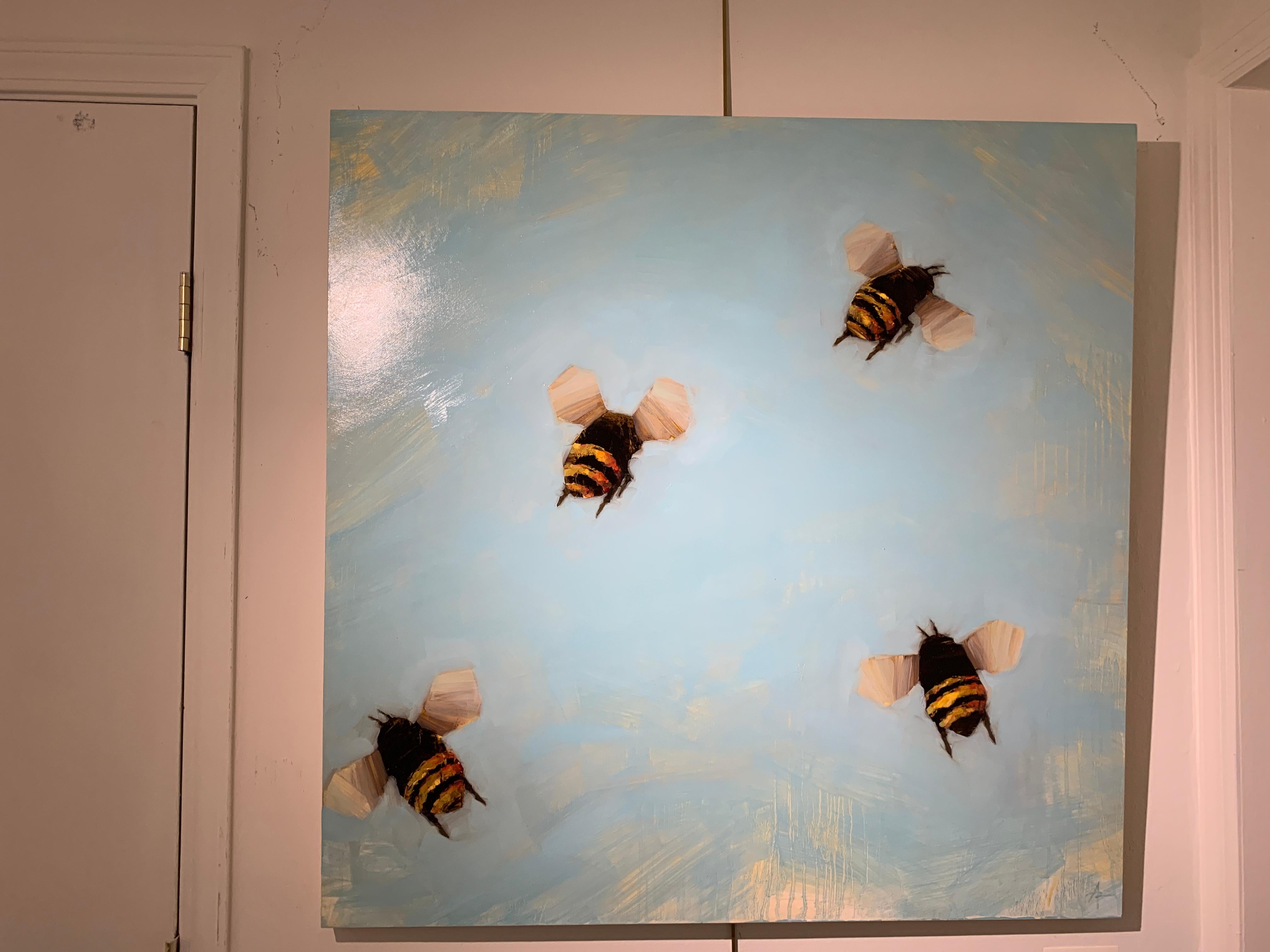 Bees 1-74 by Angie Renfro, Large Oil on Board Depicting Bees on Blue Background 6