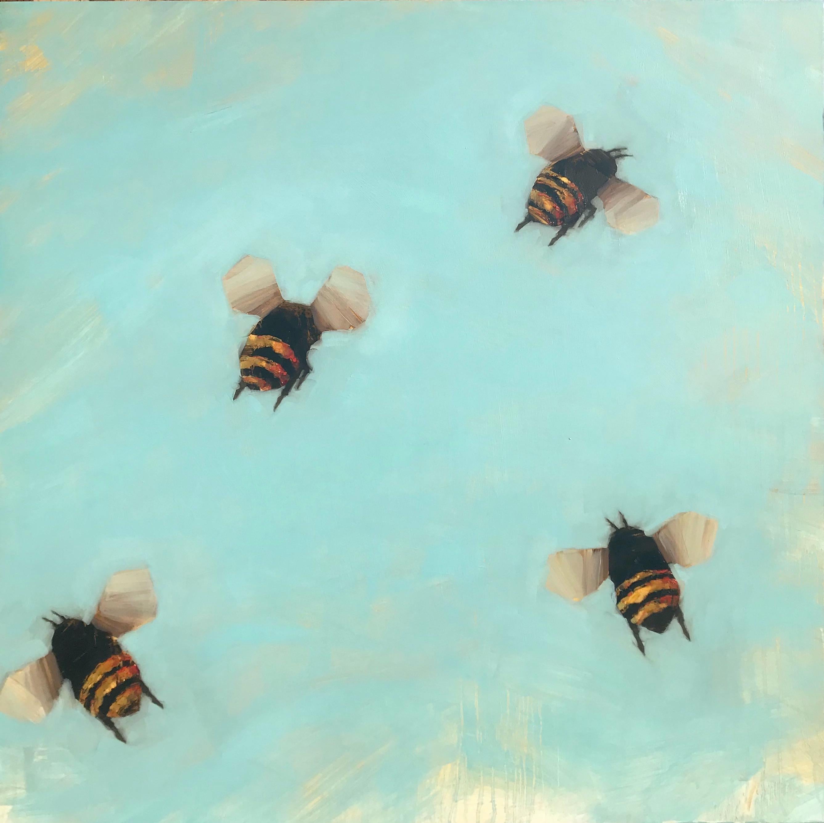 'Bees 1-74' is a large oil on board painting of square format created by American artist Angie Renfro in 2019. Represented on a soft blue background, four honey bees are busy flying around, scouting the environment. They are in search of flowers and