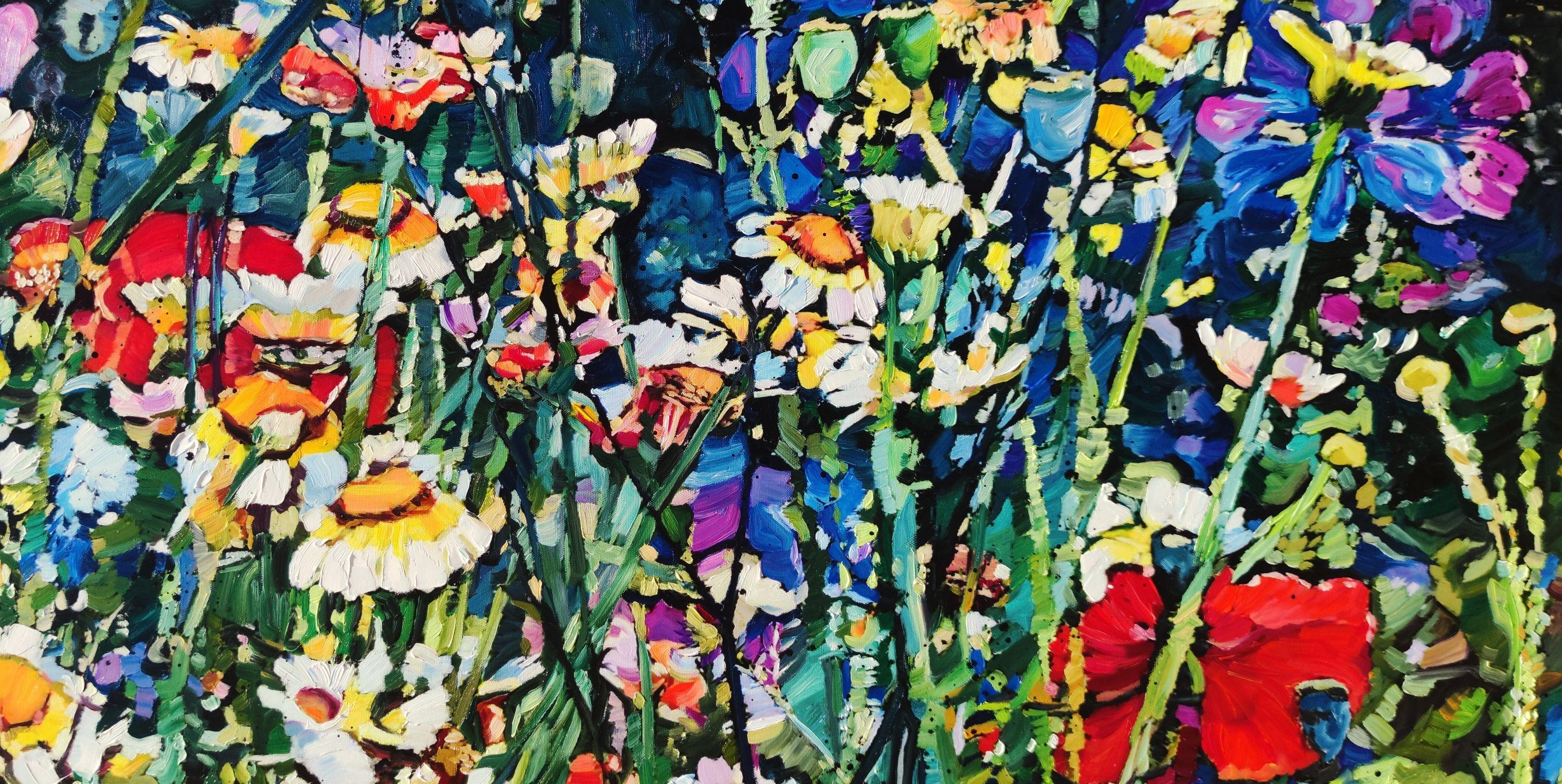 Aria, olio su tela, 120 x 70 x 3 cm Aria, un canto estivo su una leggera brezza. I fiori selvatici danzano su una melodia floreale. I fiori di campo estivi rappresentano la bellezza della natura e la perfezione della creazione. I fiori selvatici mi