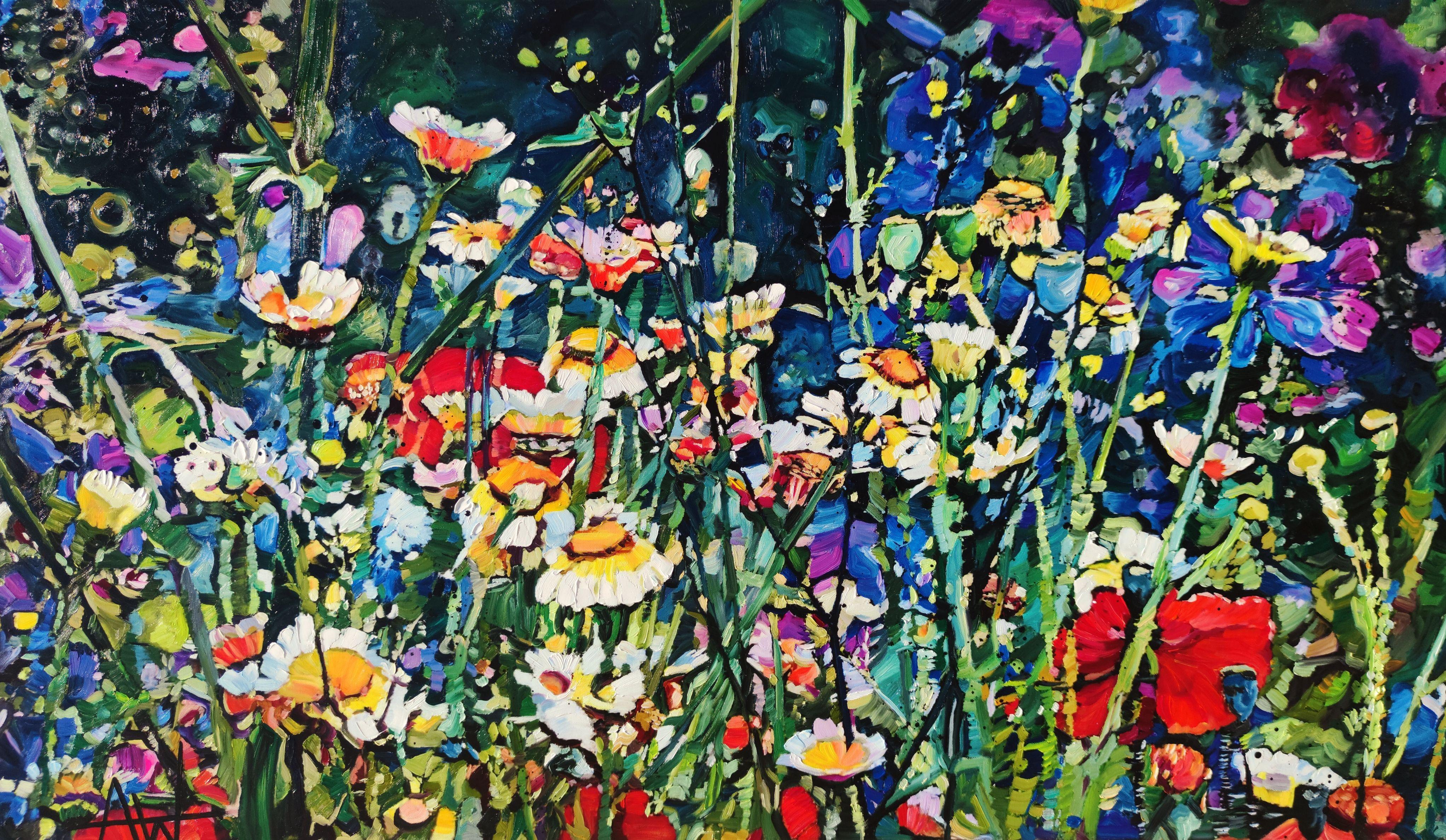 Aria, oil on canvas, 120 x 70 x 3 cm Aria, a summer song on a gentle breeze. Wildflowers dance to a floral melody. Summer wildflowers represent the beauty of nature and the perfection of creation. To thrive in the harshest conditions, to survive and