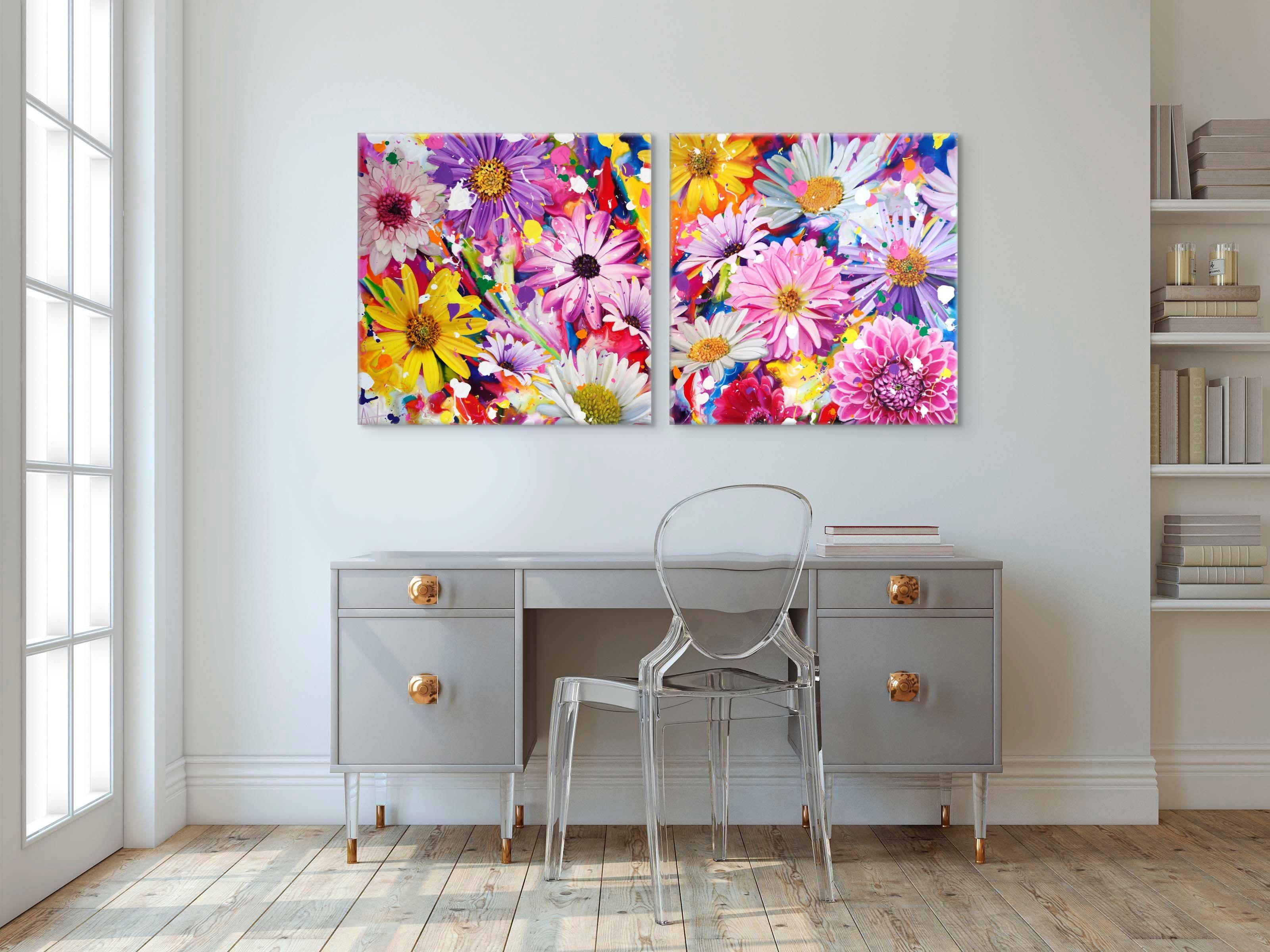 Blütenbombe! Diptychon, Gemälde, Öl auf Leinwand (Expressionismus), Painting, von Angie Wright