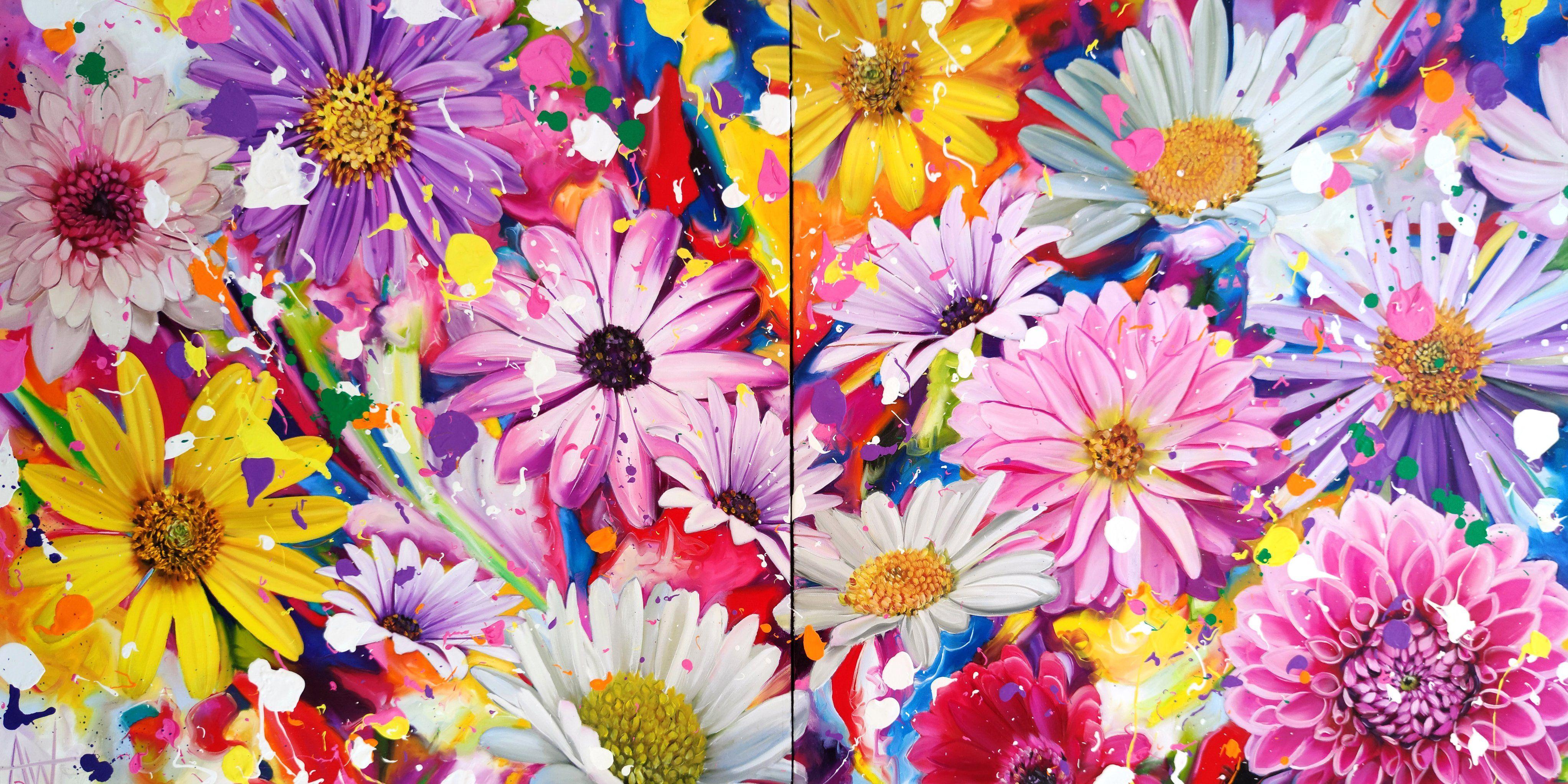 Blütenbombe! Diptychon, Gemälde, Öl auf Leinwand – Painting von Angie Wright