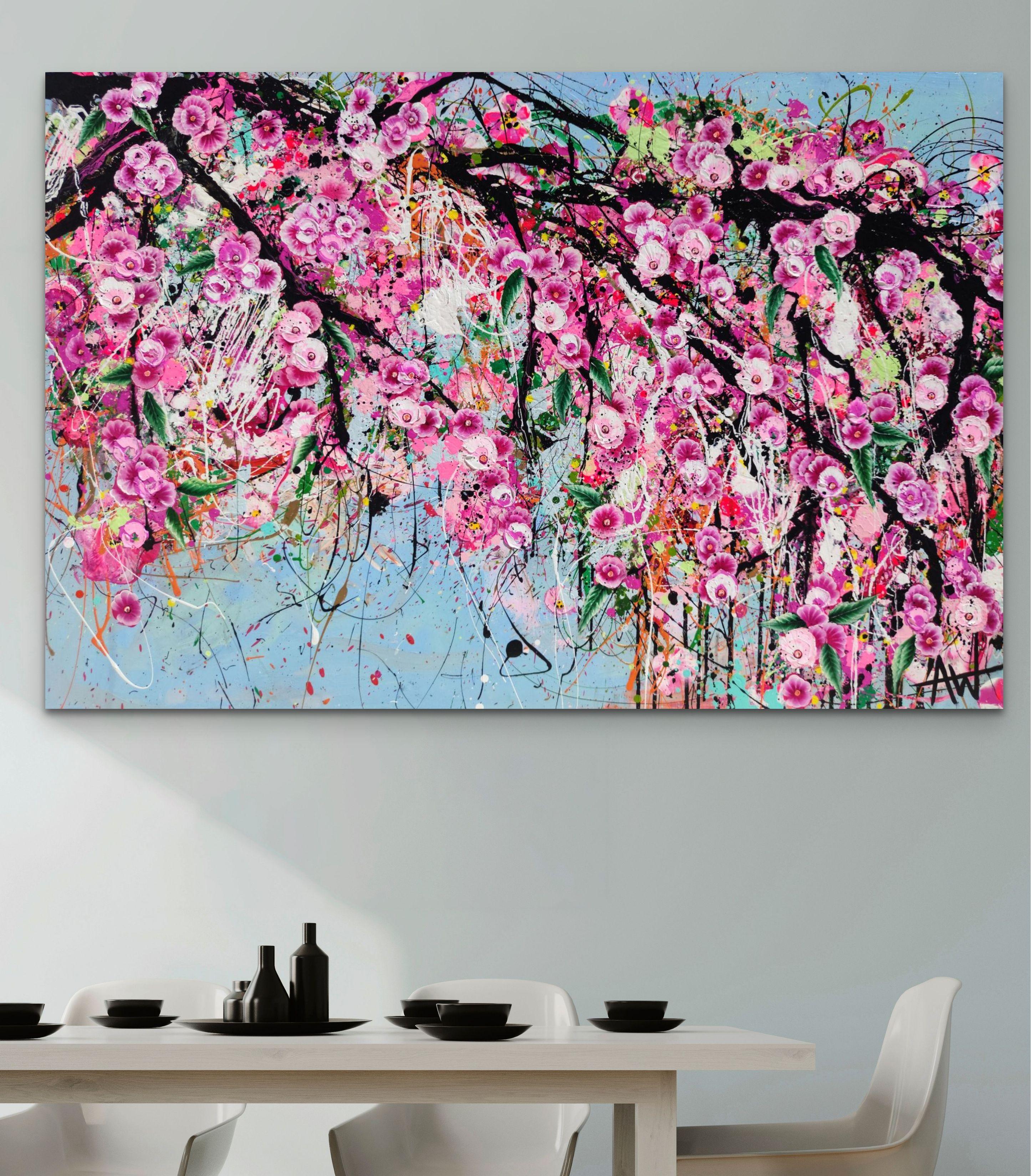 Cherry Crush, oil on canvas, 150 x 100 x 2 cm.  Inspired by my lust for sunshine and flowers, I painted Cherry Crush to bring me closer to Spring and the colour and warmth of the Primavera. Blossom on trees and flowers in bloom, the delight of being