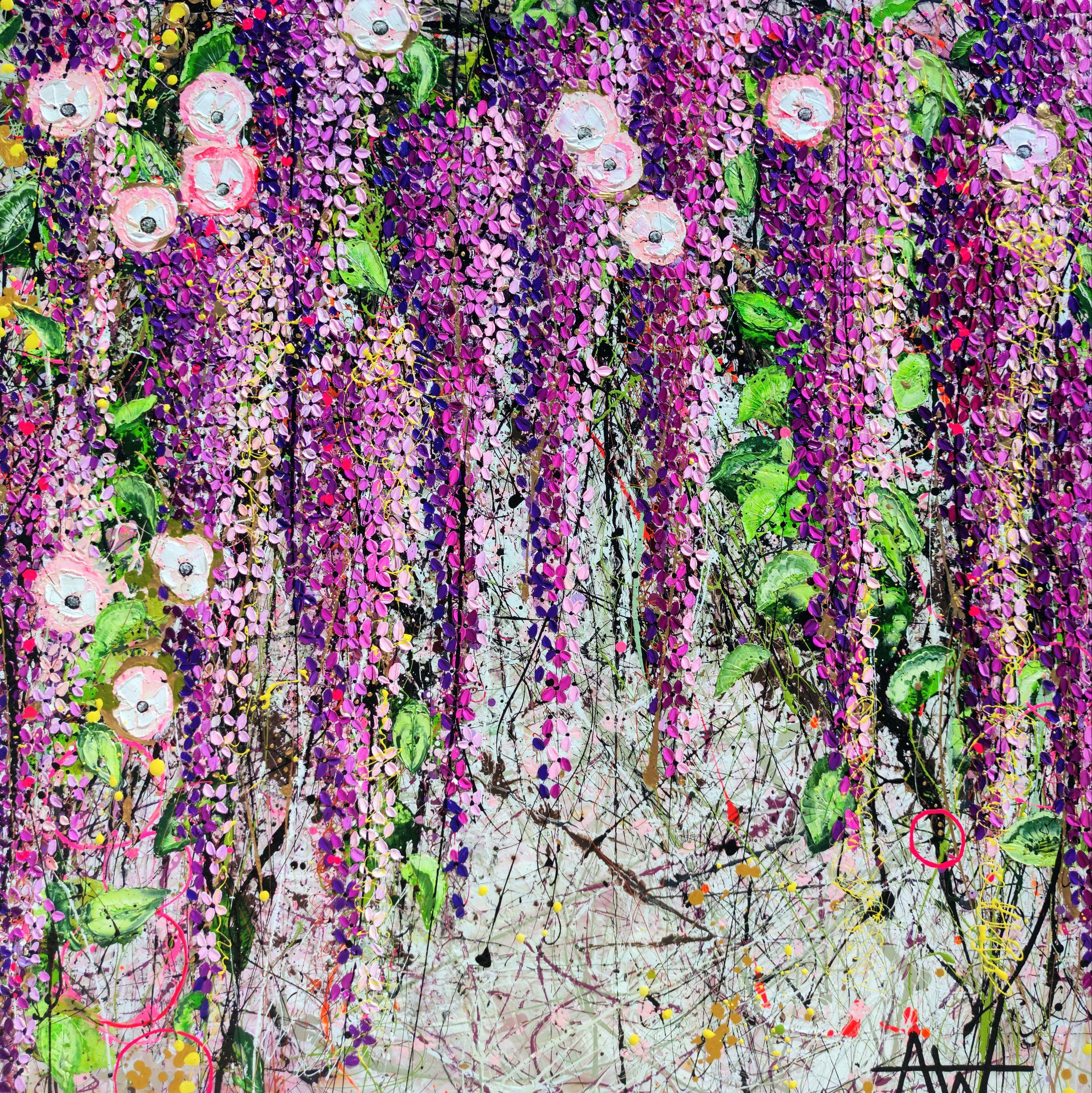Deviant Beauty, oil on canvas, 120 x 120 x 3 cm  I lay beneath lavender pendants and deep purple blooms.  In the shade of the Wisteria tree I look at the beauty around me, the tangled branches and abundance of colour, the perfection and the chaos,