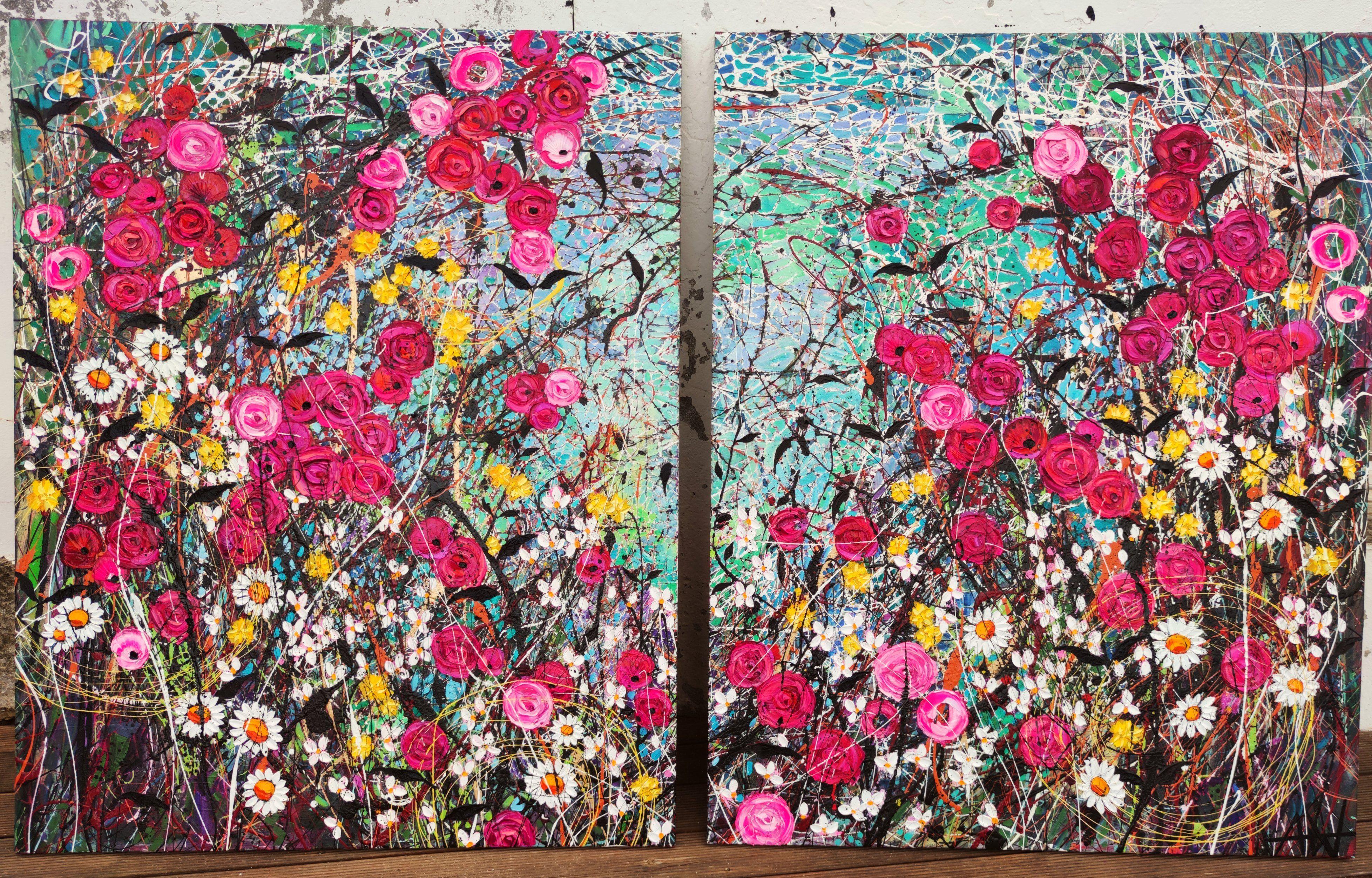 Eglantine, oil and enamel on canvas 160 x 100 x 2 cm on two canvases (Diptych) each measuring 80 x 100 x 2 cm  Eglantine â€¦twisted crooked rose bush, a forgotten patch of garden, flowers bloom, life grows, natureâ€™s defiance. Eglantine  My