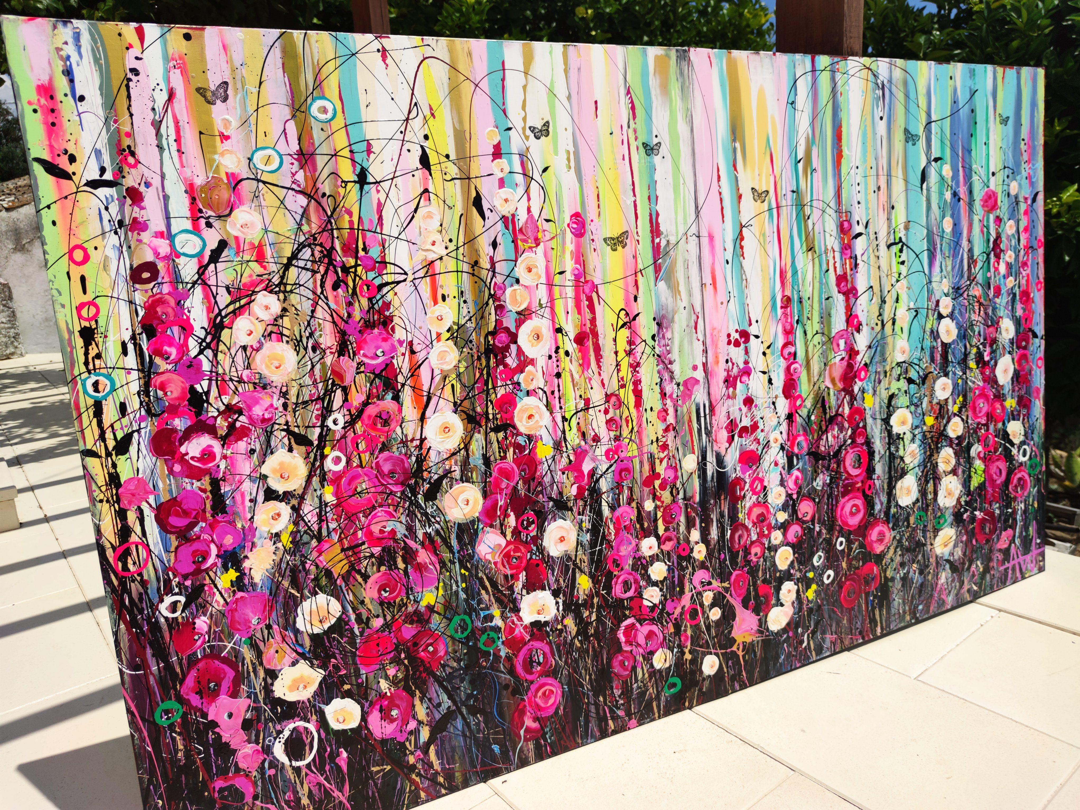 Foxgloves, oil and acrylic on canvas, 200 x 120 x 2 cm on two canvas panels each measuring 100 x 120 x 2 cm (Diptych)   A patch of Wild Foxgloves, hidden in the woods. Butterflies hover around the pink and purple haze of colour, flitting back and