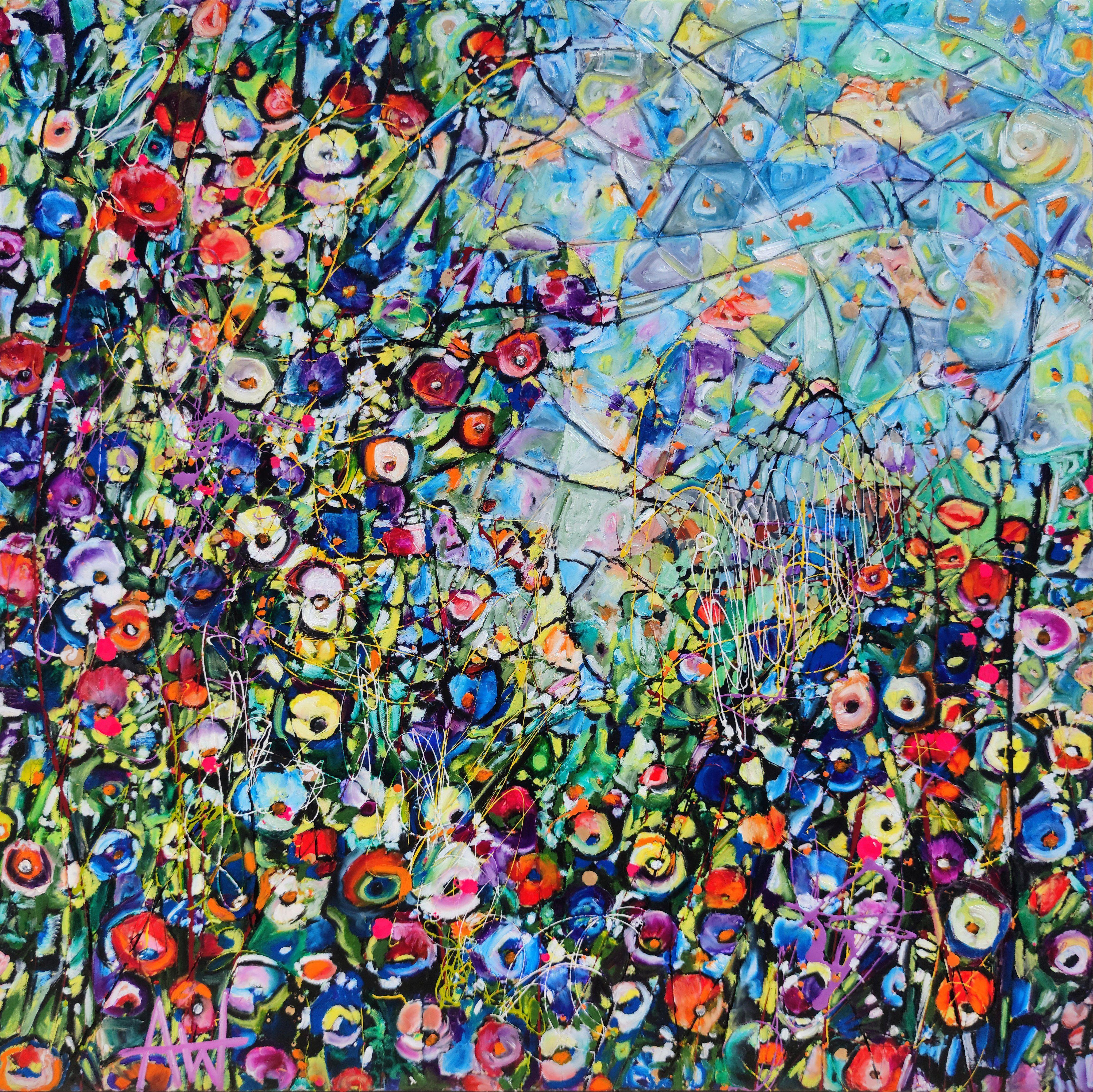 Garden Dance, oil on canvas, 100 x 100 x 2 cm  Garden Dance, a beautiful symphony of summer blossoms, a tapestry of vibrant hues.  Inspired by the paintings of Gustav Klimt, Garden Dance brings to life a captivating display of shape and motion,