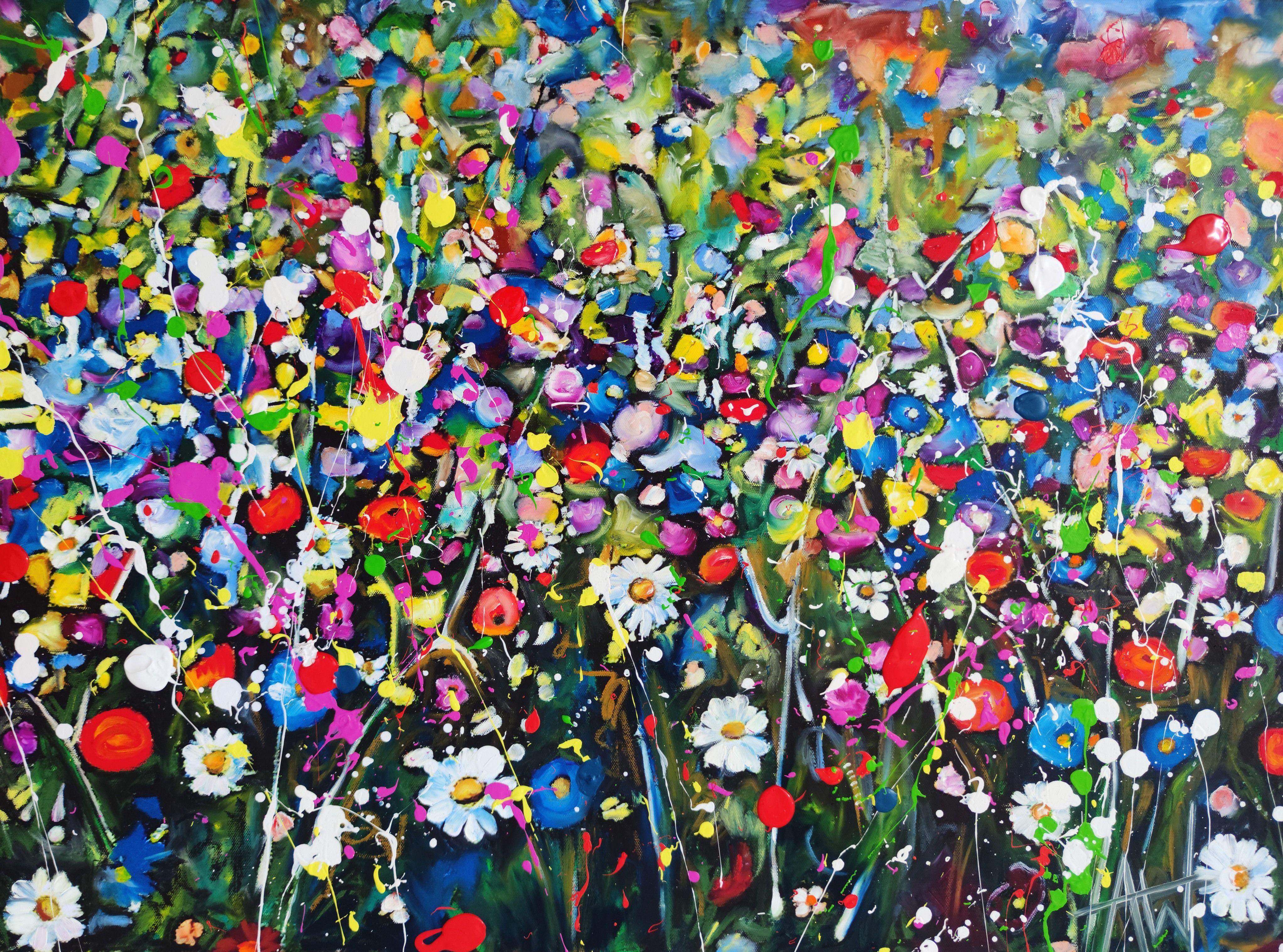 Meadow Dance, oil on canvas 80 x 60 x 2 cm  Inspired by the paintings of Gustav Klimt, Meadow Dance brings to life an enchanting display of shape and colour, transporting the viewer to a wildflower meadow. The flowers have a simple elegance, their