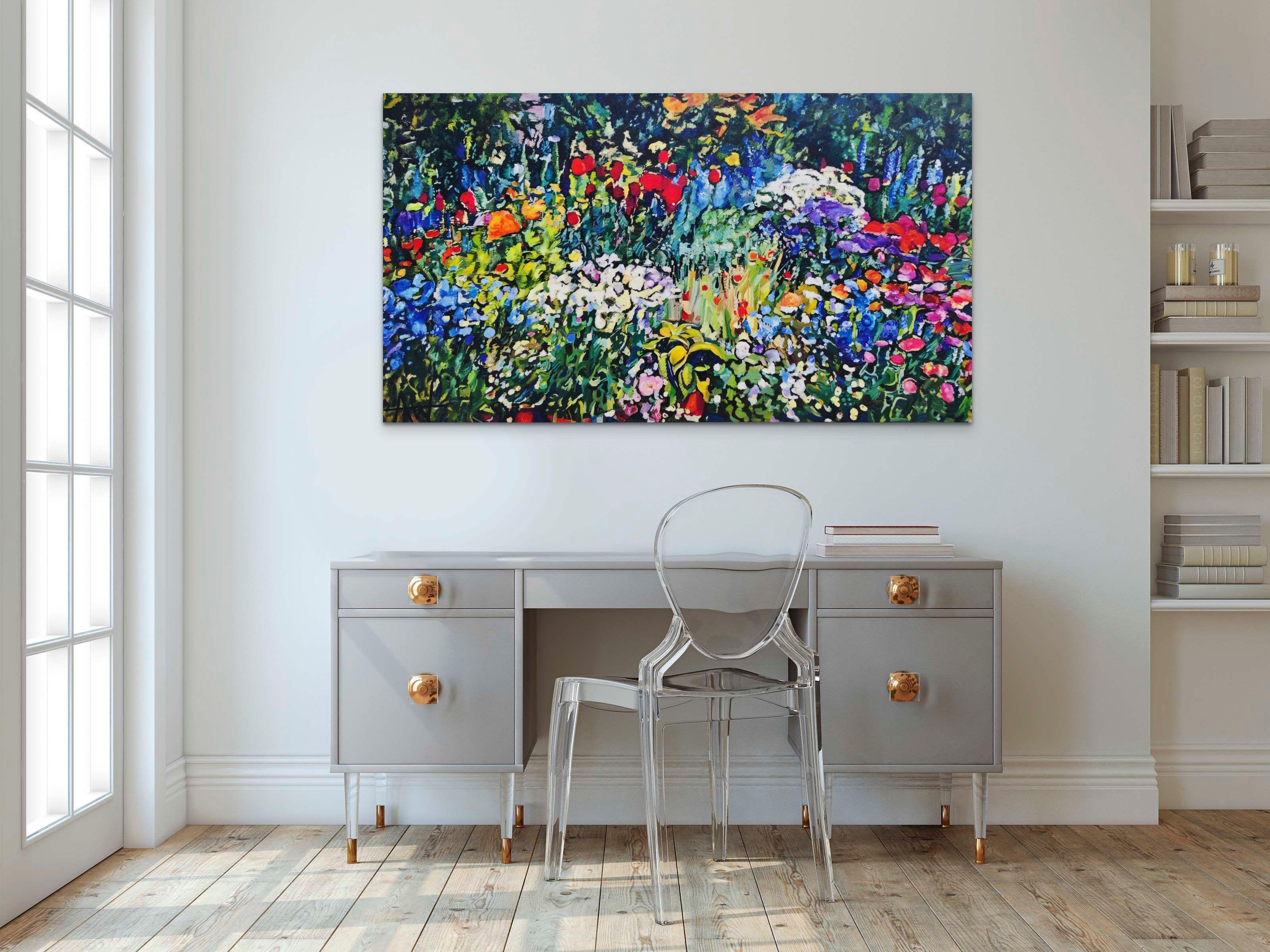 Santuario, olio su tela, 160 x 90 x 3 cm Santuario, respiro profondamente e sento il dolce profumo dei fiori. Il giardino ondeggia con una leggera brezza. Mi lascio cullare dal mormorio della natura. Questo è il mio Santuario. Sanctuary suggerisce