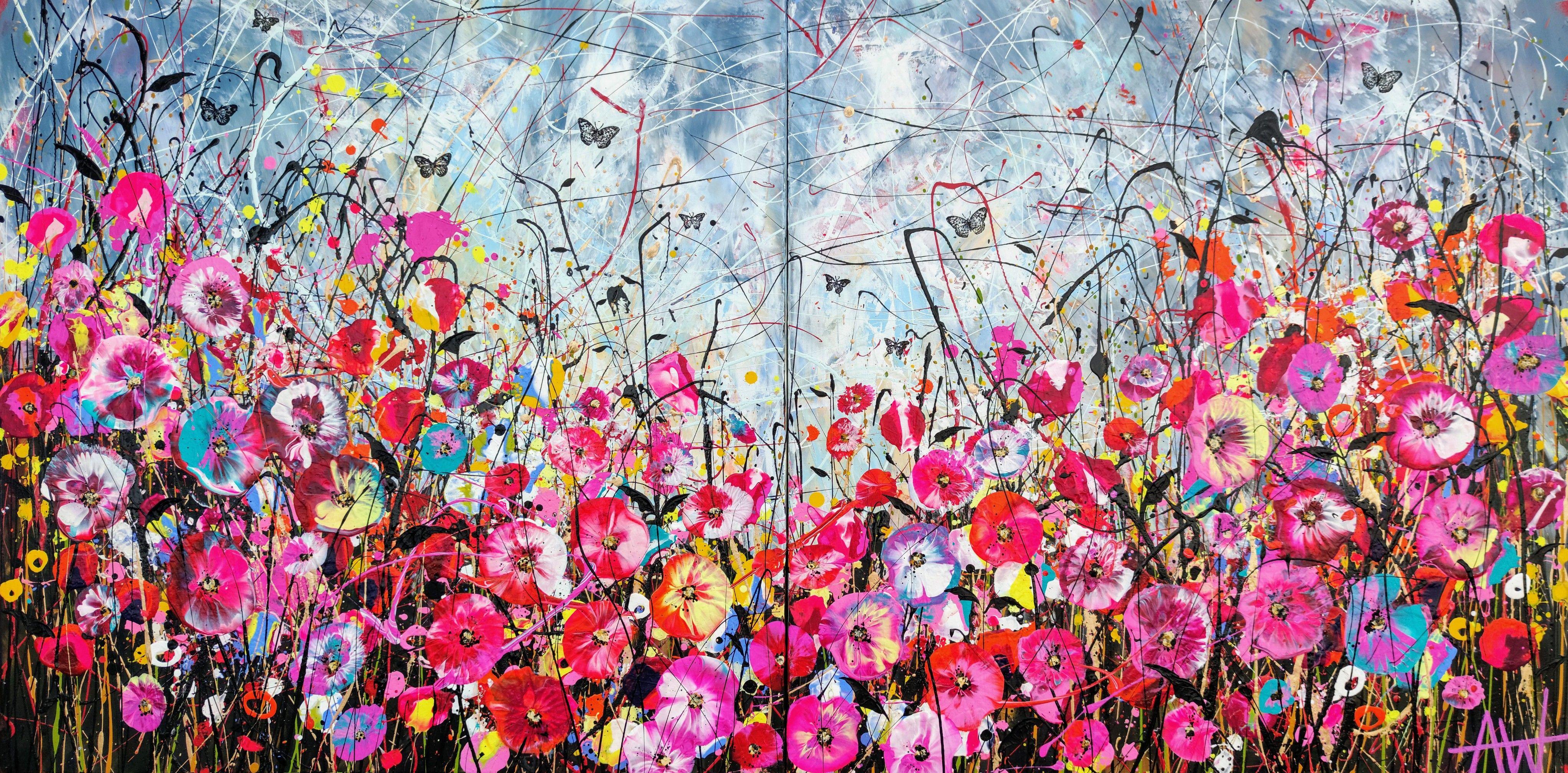 Scattered Rainbows, acrylic and enamel on canvas, 160 x 80 x 2 cm on two panels each measuring 80 x 80 x 2 cm (Diptych) Scattered Rainbows, a poem in pink. After the rain the flowers will bloom and though I thought the sun would never shine again