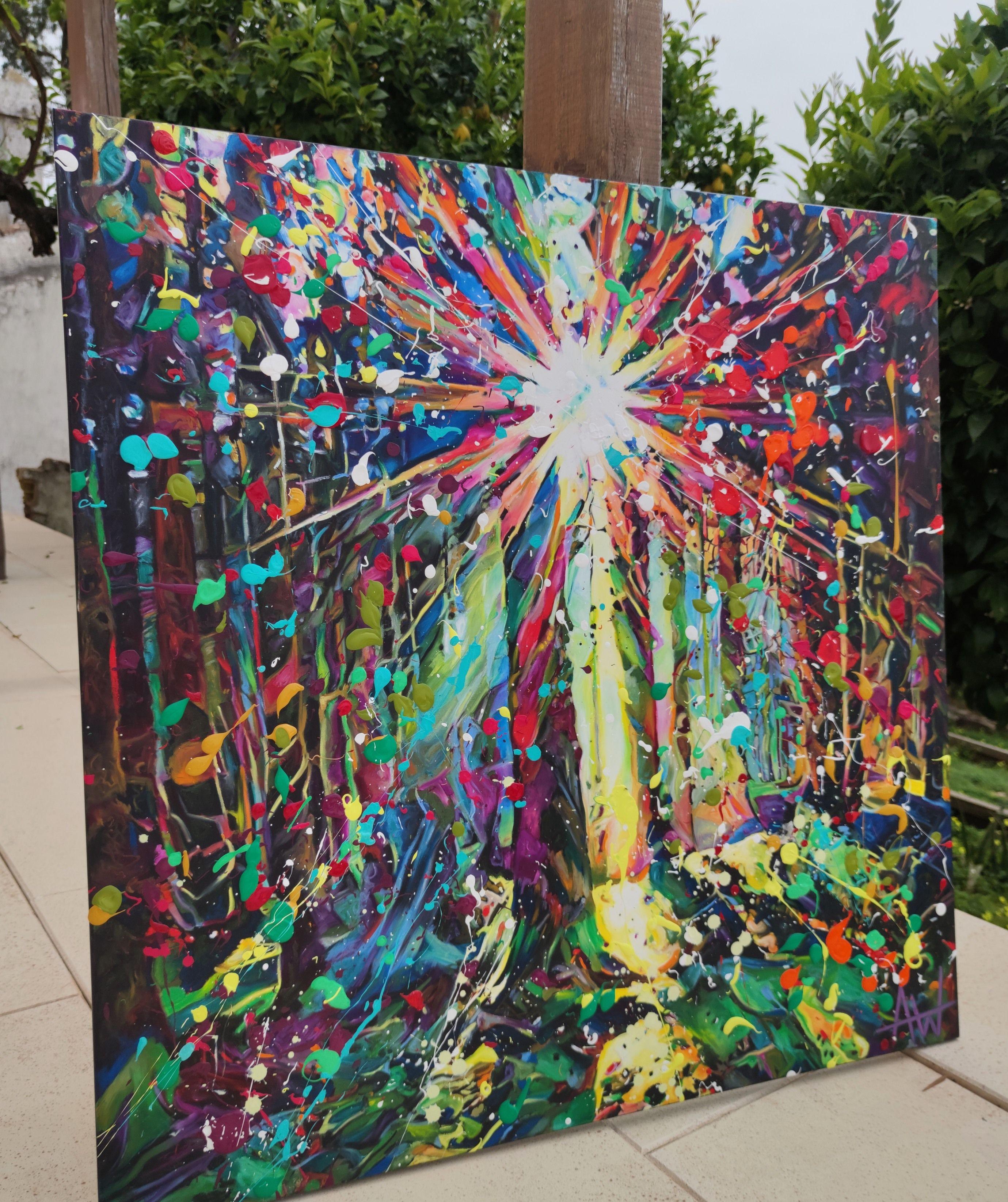 Sentient Öl auf Leinwand 100 x 100 x 2cm  Sentient, ich atme tief durch. Ich sehe das Licht und spüre seine Wärme auf meiner Haut, ich rieche den Duft der feuchten Erde und höre das Rascheln der Blätter auf den Bäumen. Ich bin bereit. Ich bin am