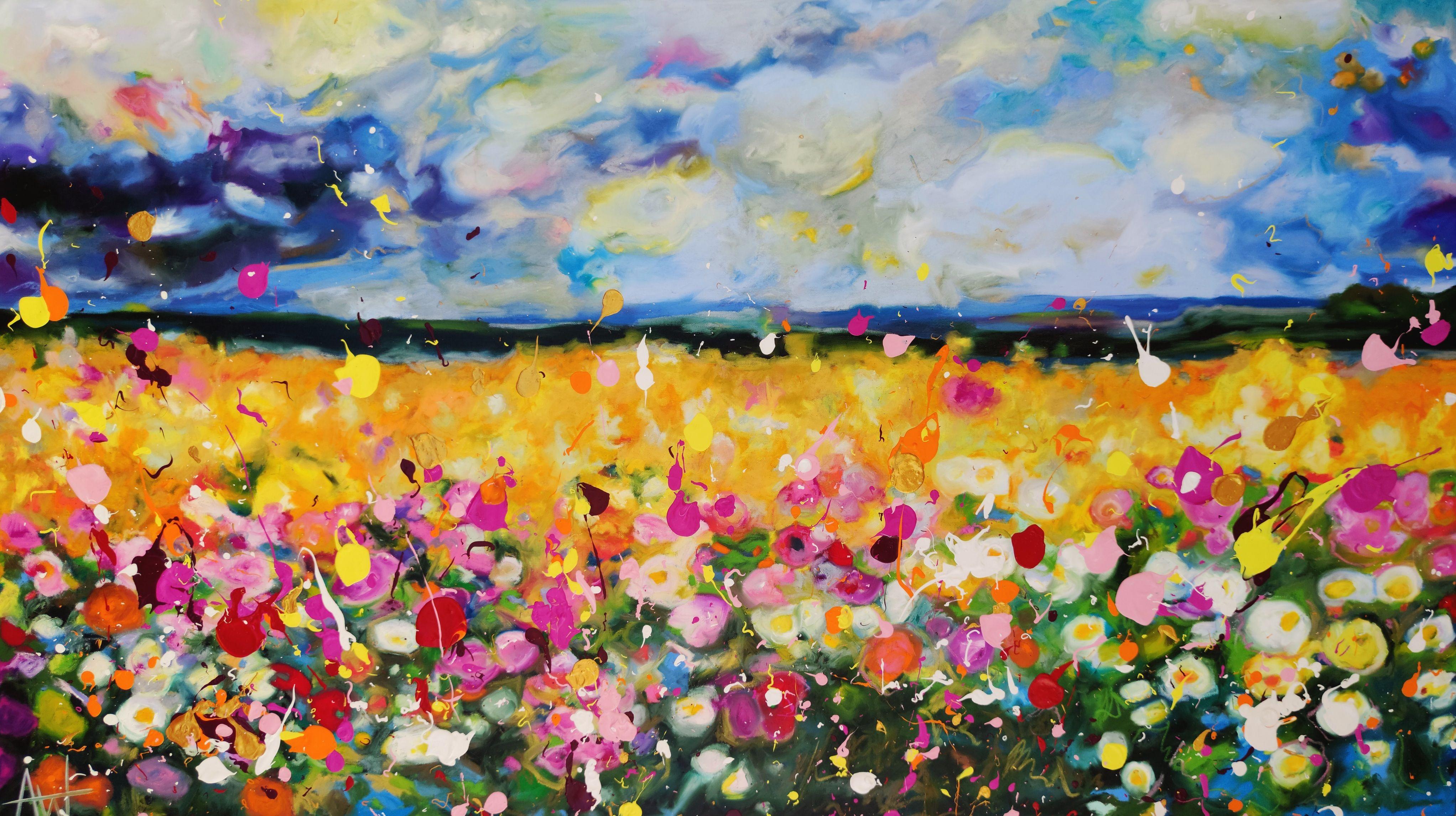 "Storm Song" is a captivating dance of nature's contrasts, the wild and beautiful, delicate and strong flowers in a summer field. This large canvas takes you to a vibrant meadow, where wildflowers sway joyfully under looming storm clouds. Each