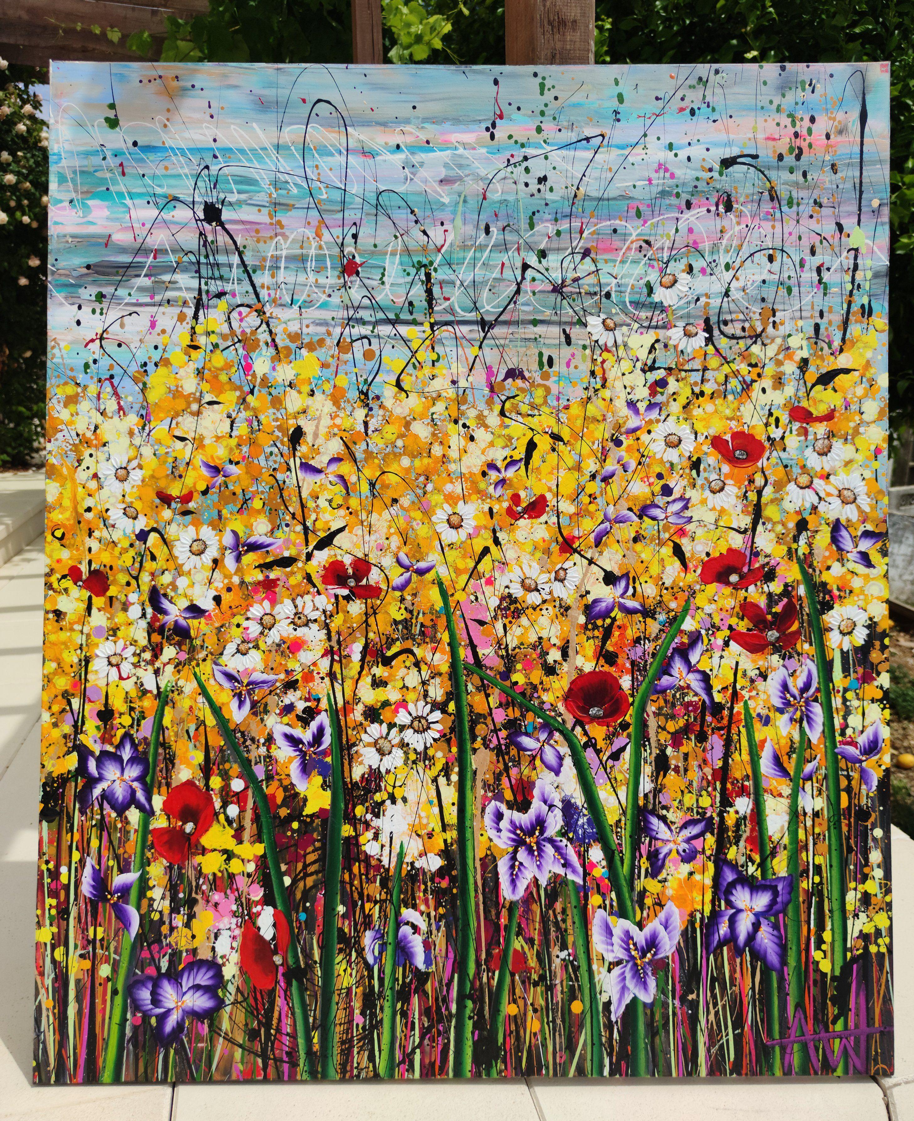 Summer Loving, oil and acrylic on canvas, 100 x 120 x 2 cm   Summer Loving, a field of wildflowers stretching up towards the sunshine. Bees buzz, a gentle breeze blows, colour abounds. I lay in this cloud of colour, the warmth of the sun on my face.