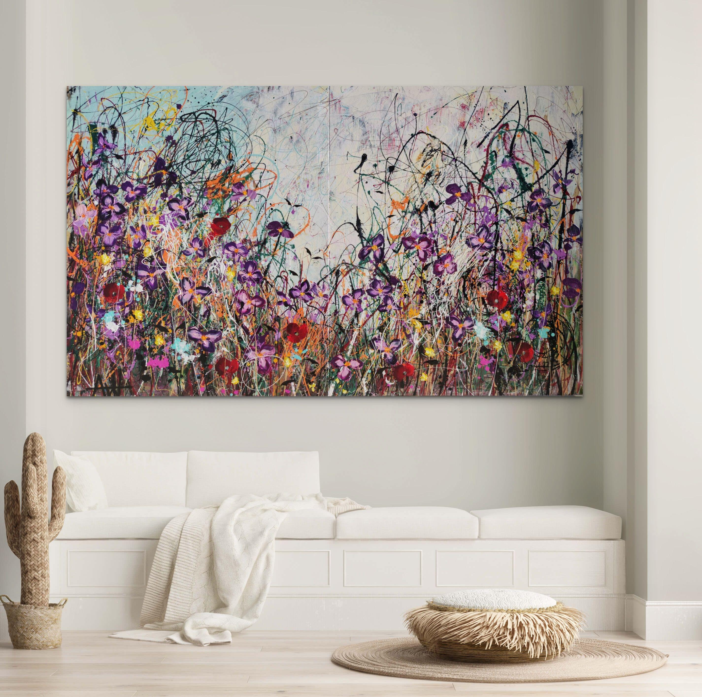Where The Wild Flowers Bloom, acrylic and oil on canvas, 200 x 120 x 2 cm on two canvas panels each measuring 100 x 120 x 2 cm (Diptych).   The air is damp and fresh. Light beckons and sun rays break the horizon. Violet blues flowers dance in a