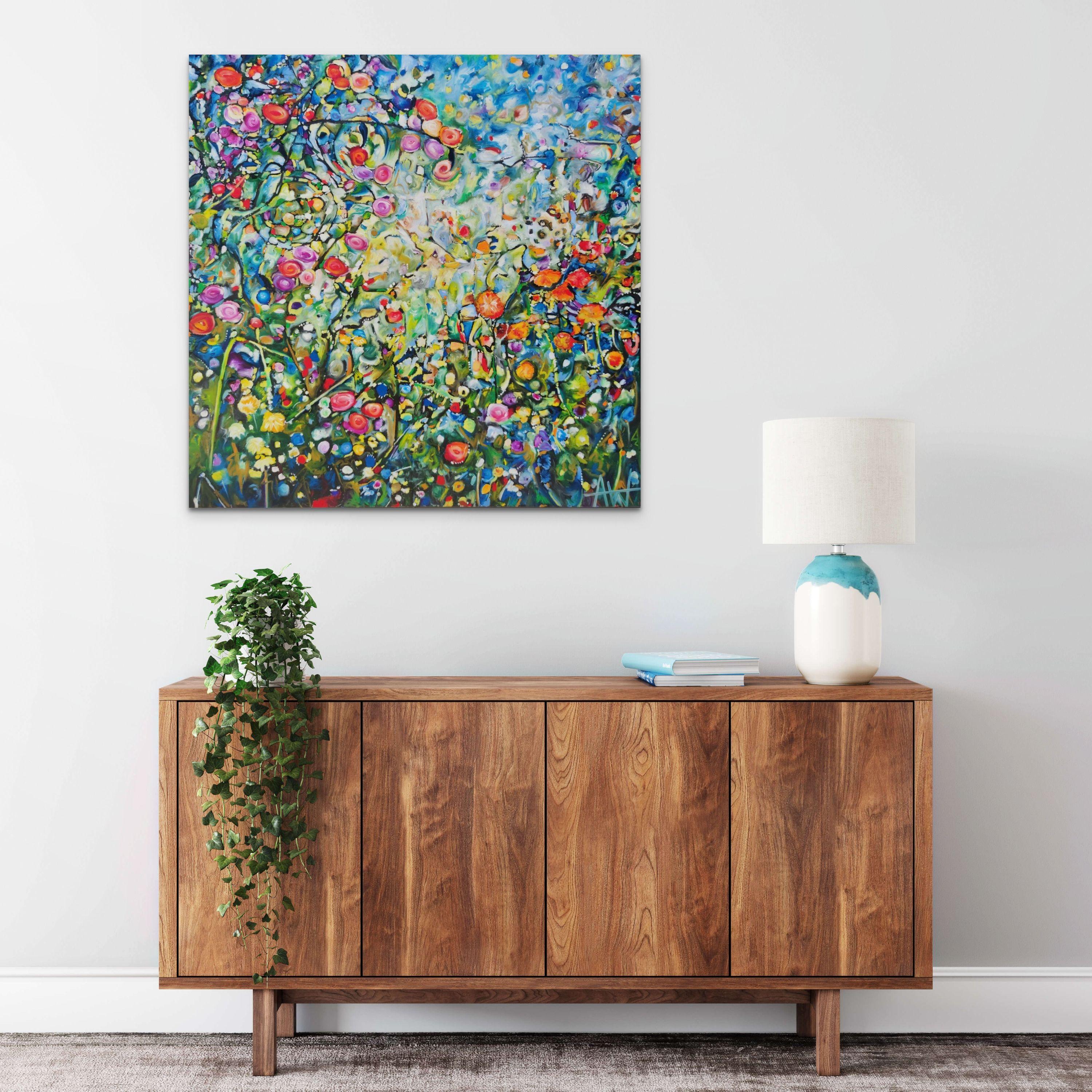 Wild Summer Hullabaloo, Gemälde, Öl auf Leinwand (Grau), Abstract Painting, von Angie Wright