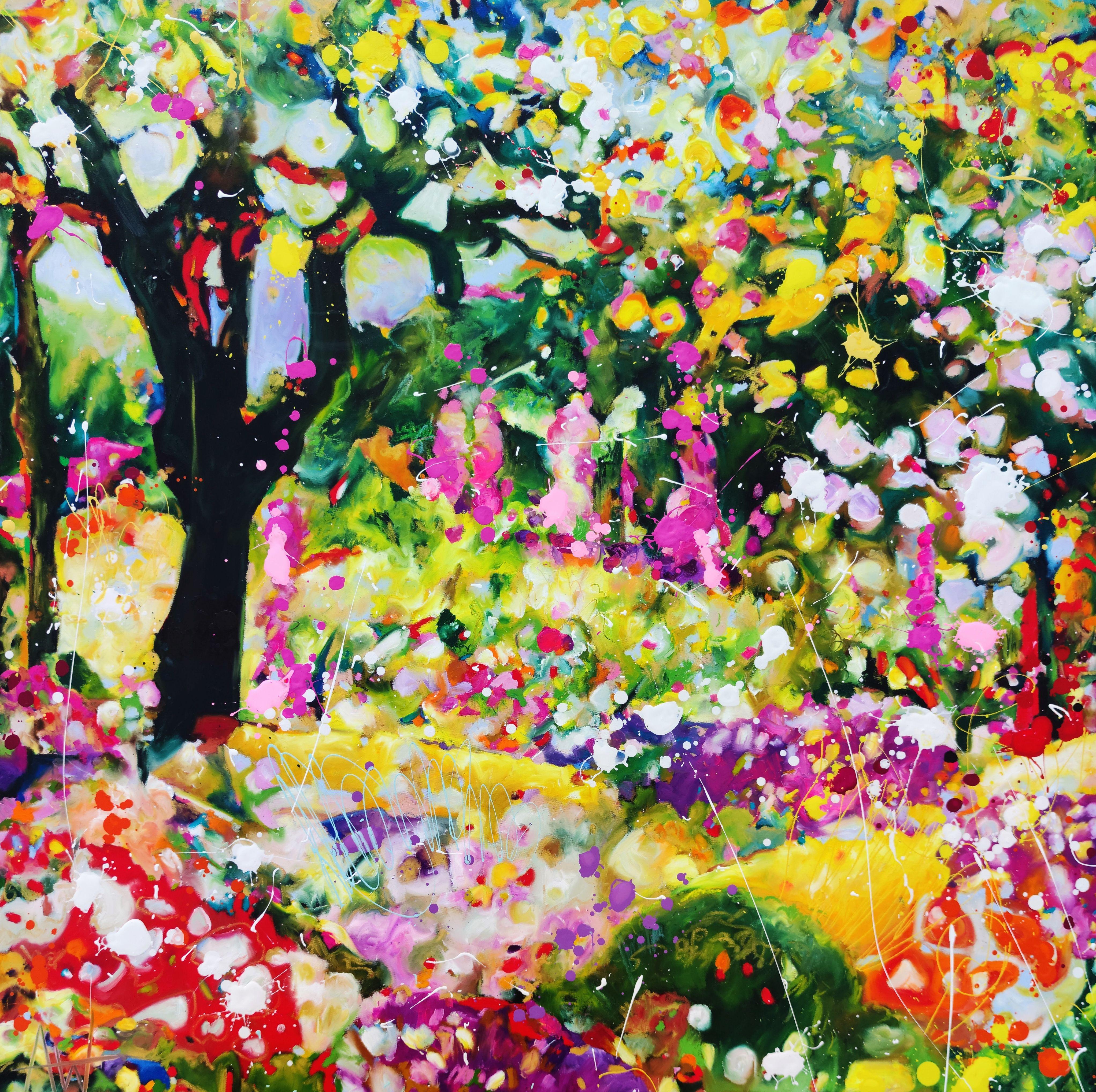 Wildflower Sanctuary, oil on canvas, 120 x 120 x 4 cm  Wildflower Sanctuary, an enchanted garden, I sit under the crooked tree and watch the busy dance of bees and butterflies. I feel solace in this floral refuge, my Wildflower Sanctuary  Wildflower