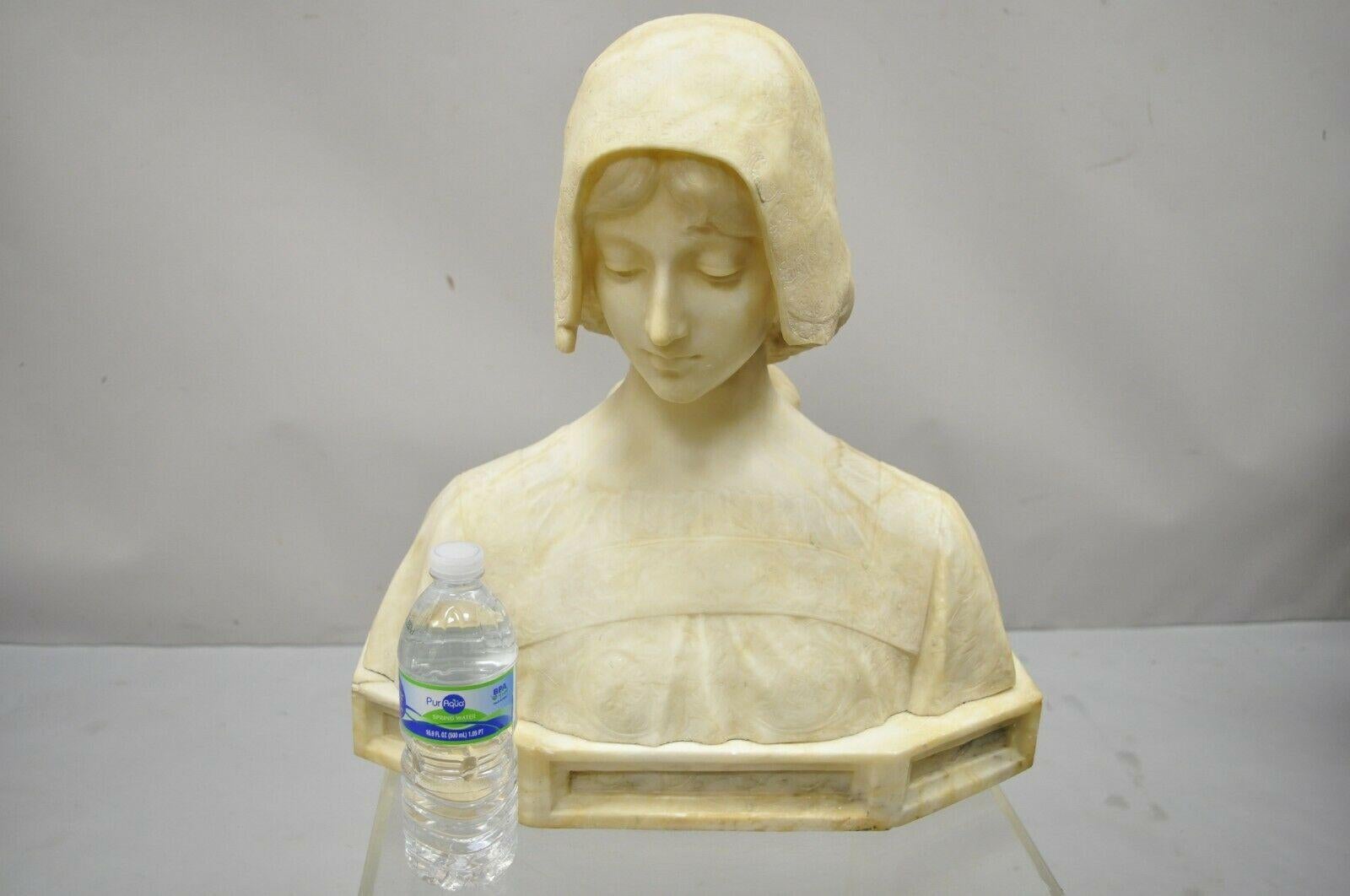 Angiolo Malavolti Carved Alabaster Antique Female Maiden Bust Sculpture Statue. Item features a signed to base, remarkable carving and detail, Angiolo Malavolti (Italian 1876-1947). Circa 1900. Measurements: 18