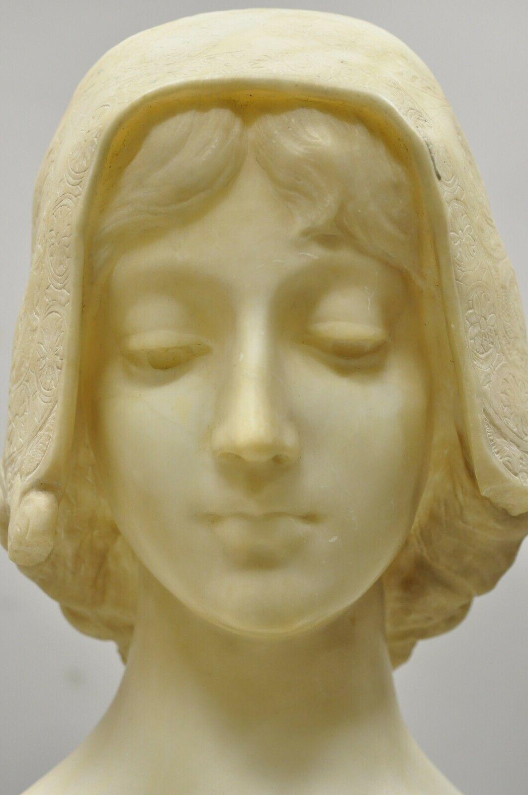 Victorian Angiolo Malavolti Carved Alabaster Antique Female Maiden Bust Sculpture Statue