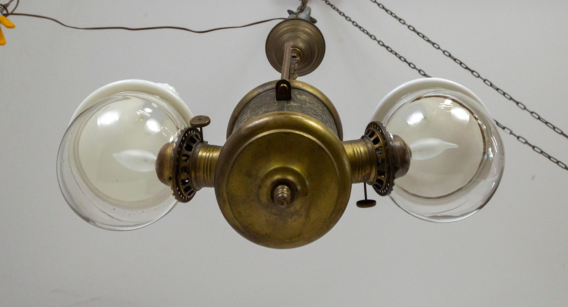 Angle Lamp Co. Electrified Kerosene Brass & Glass 2-Light Hanging Fixture 2