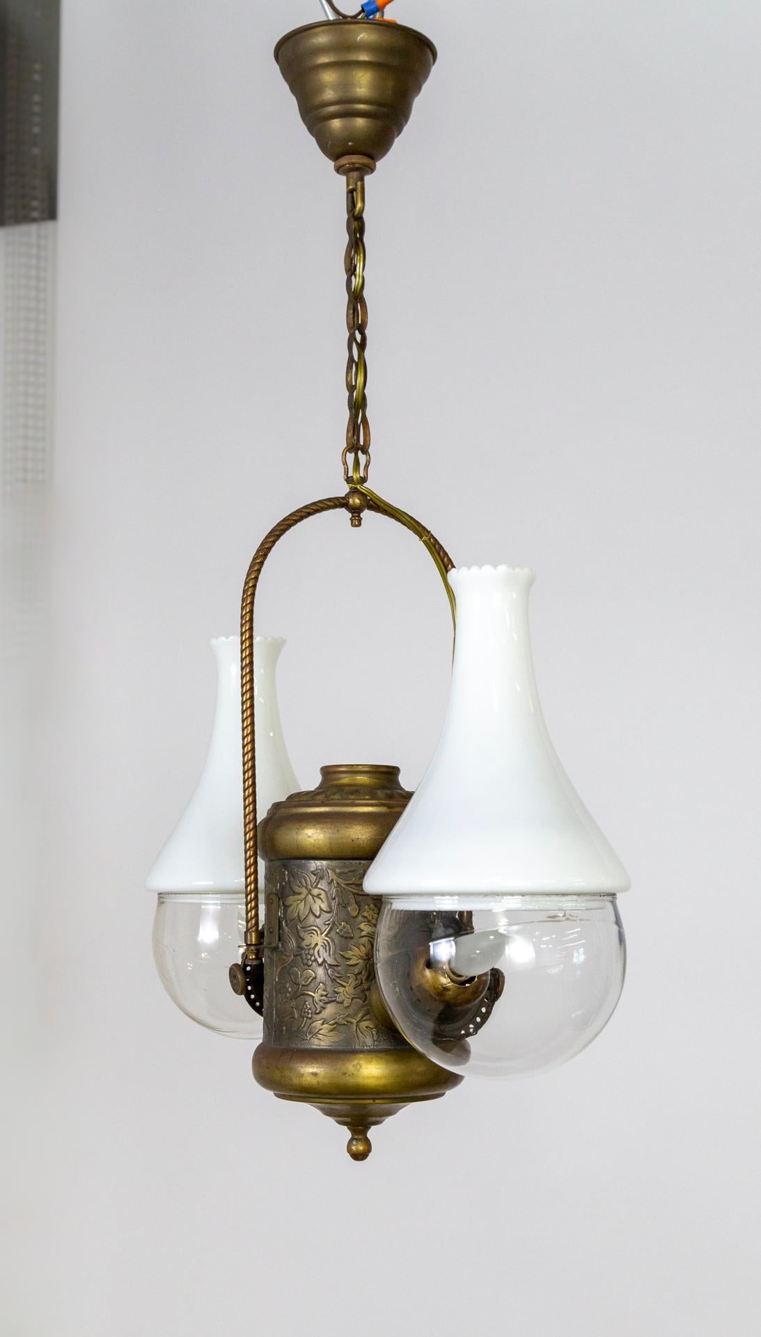 Late Victorian Angle Lamp Co. Electrified Kerosene Brass & Glass 2-Light Hanging Fixture