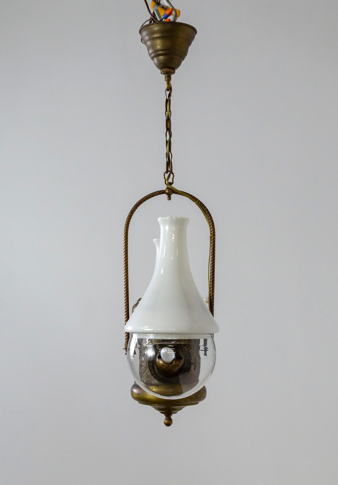 American Angle Lamp Co. Electrified Kerosene Brass & Glass 2-Light Hanging Fixture