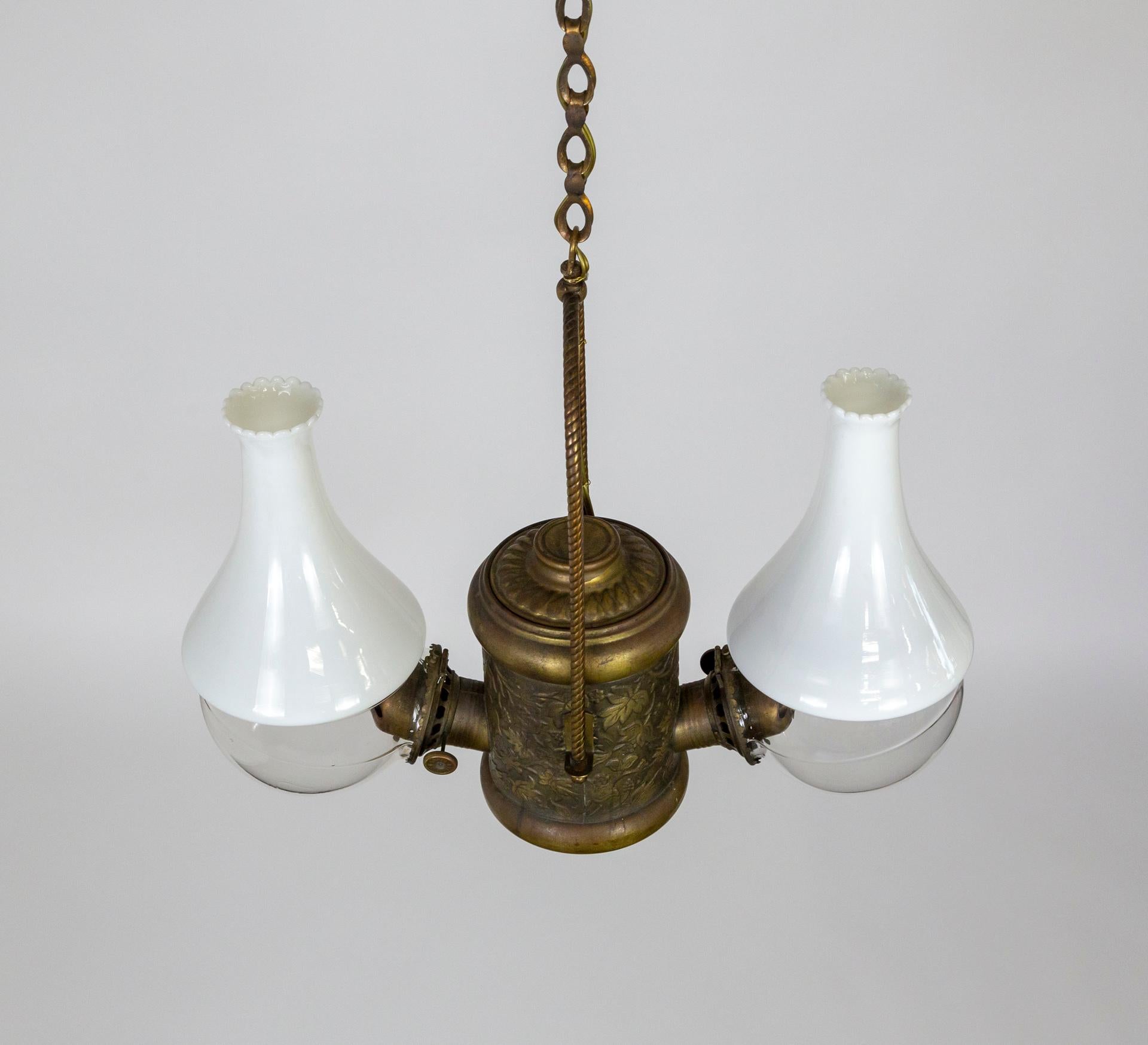 Late 19th Century Angle Lamp Co. Electrified Kerosene Brass & Glass 2-Light Hanging Fixture