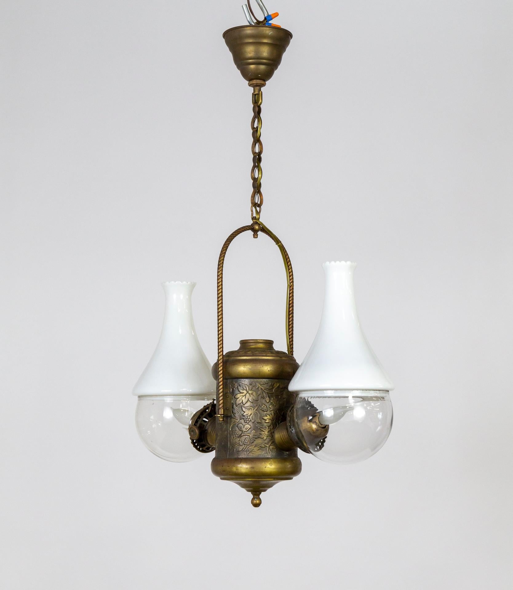Angle Lamp Co. Electrified Kerosene Brass & Glass 2-Light Hanging Fixture 1