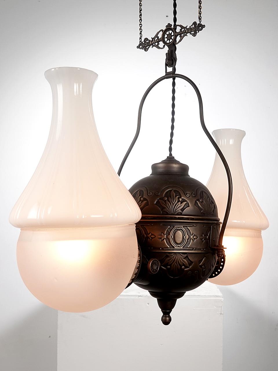 19th Century Angle NY 1890's Double Kerosene Hanging Lamp, Electrified For Sale
