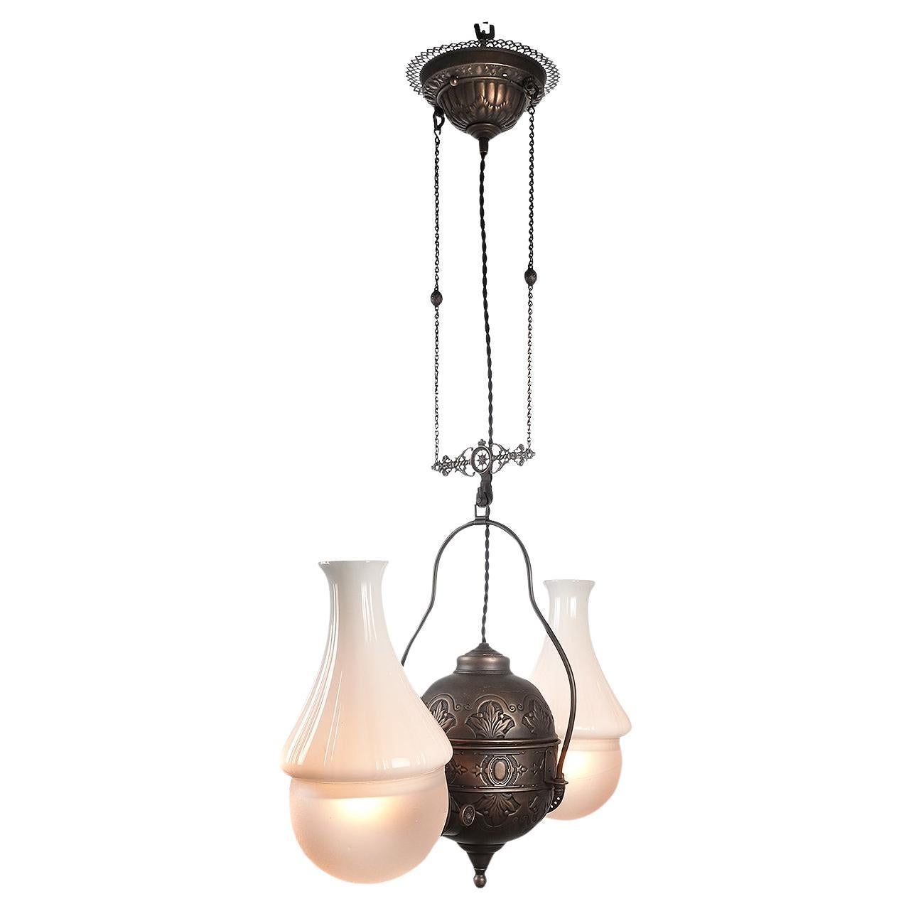 Angle NY 1890's Double Kerosene Hanging Lamp, Electrified For Sale