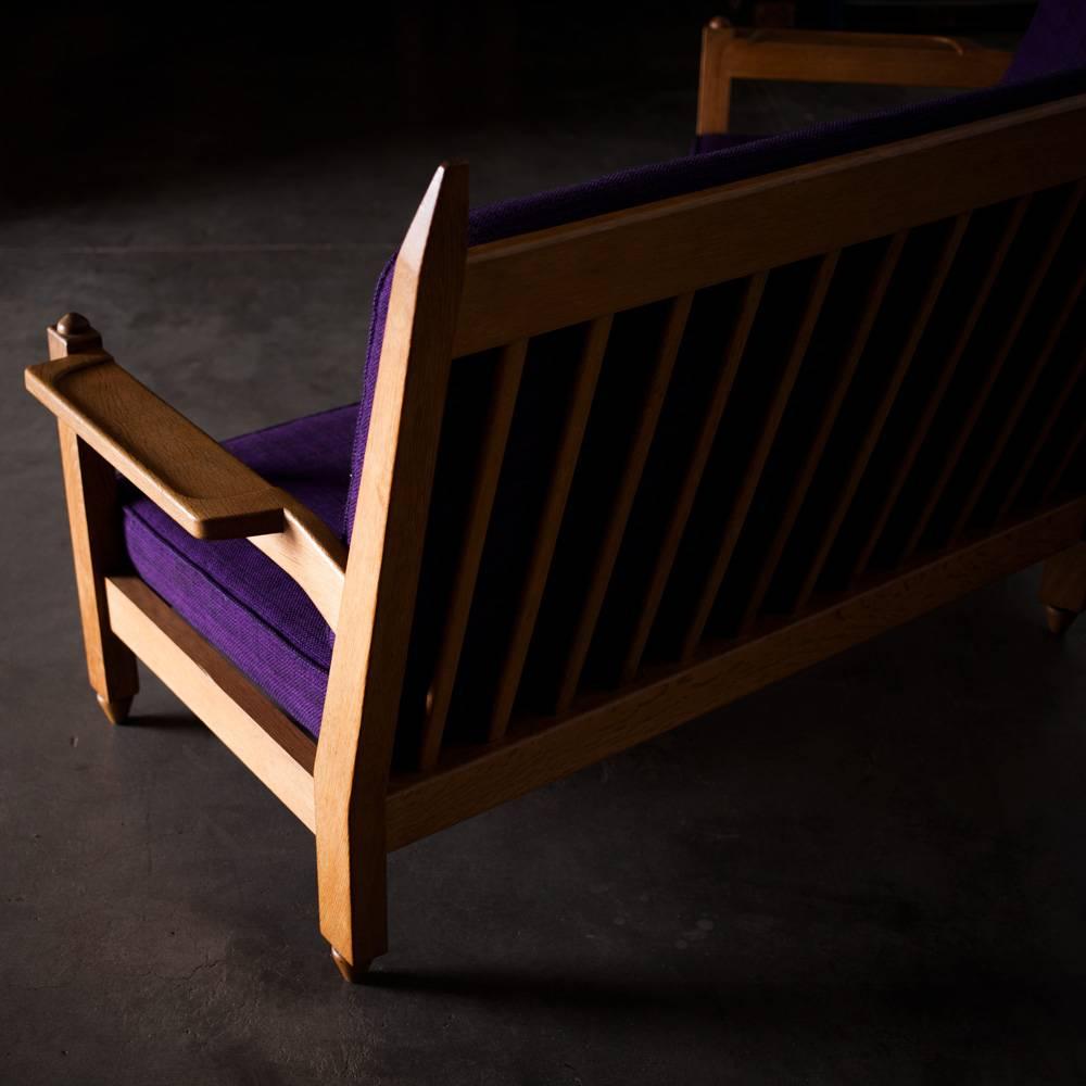 Mid-Century Modern Angle Settee Purple and Oak, Guillerme and Chambron, circa 1960, France For Sale