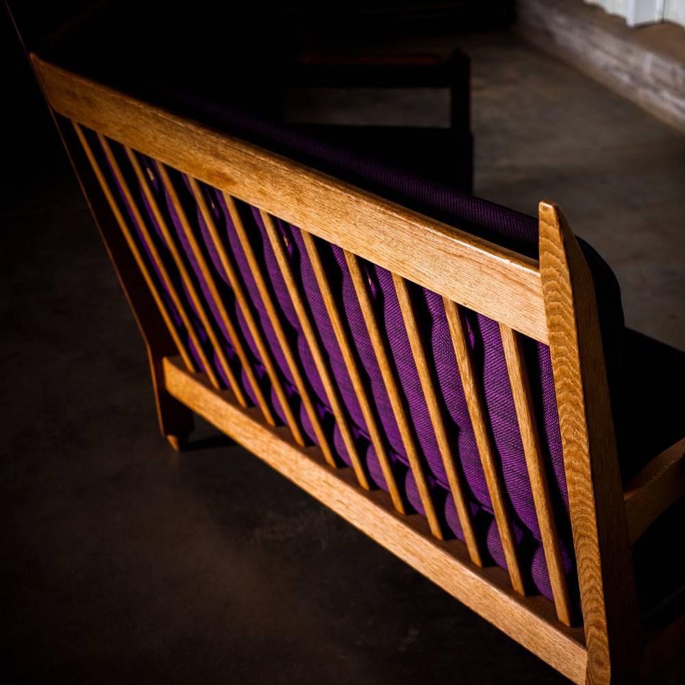 Mid-20th Century Angle Settee Purple and Oak, Guillerme and Chambron, circa 1960, France For Sale
