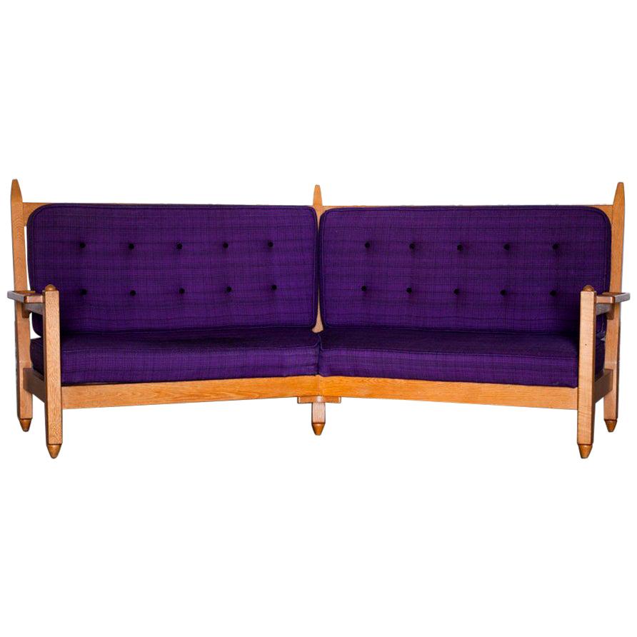 Angle Settee Purple and Oak, Guillerme and Chambron, circa 1960, France For Sale