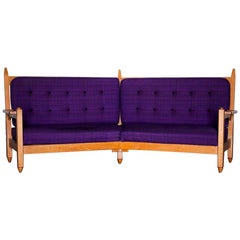Angle Settee Purple and Oak, Guillerme and Chambron, circa 1960, France