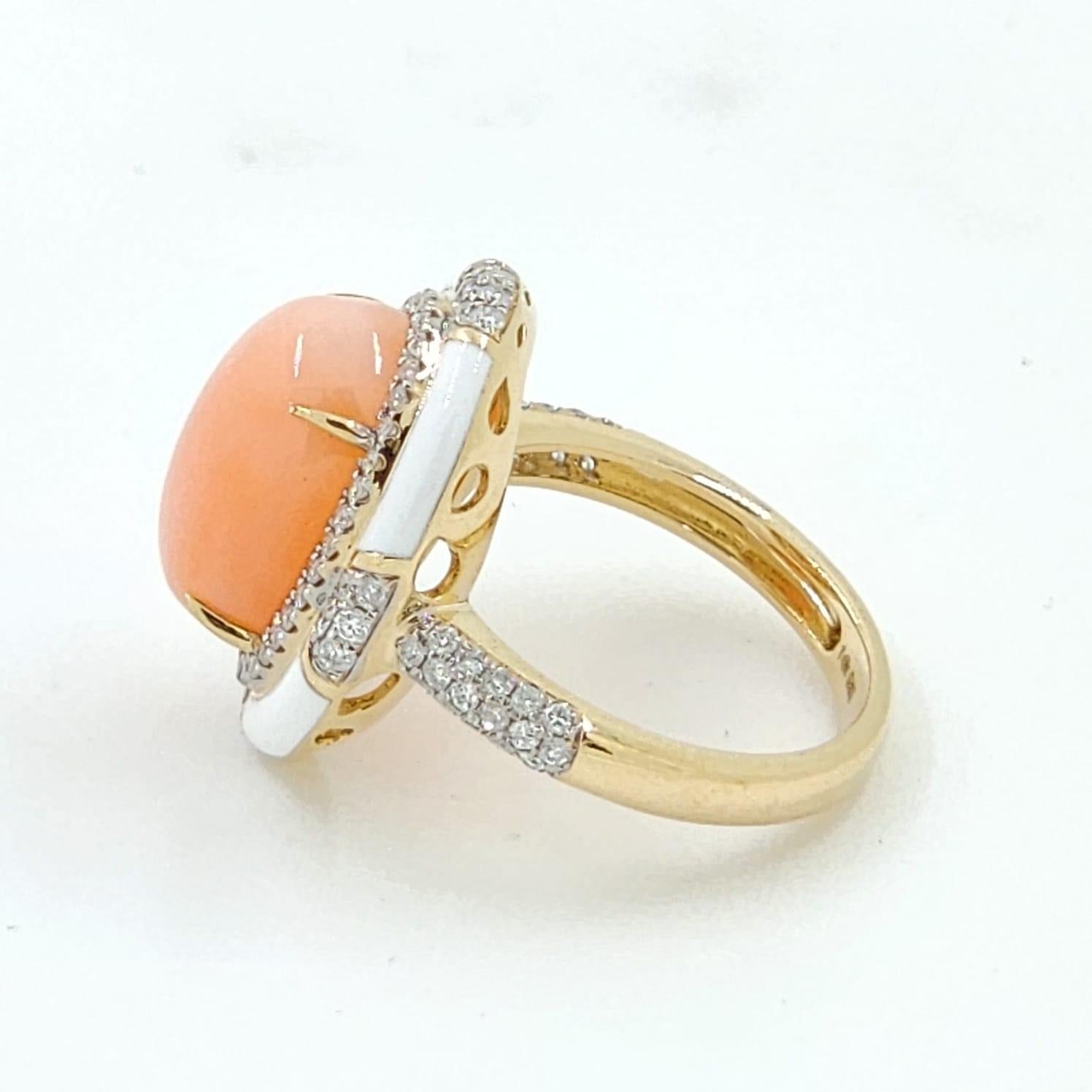 Cabochon Angle Skin Color Coral Diamond Enamel Ring in 14 Karat Yellow Gold For Sale
