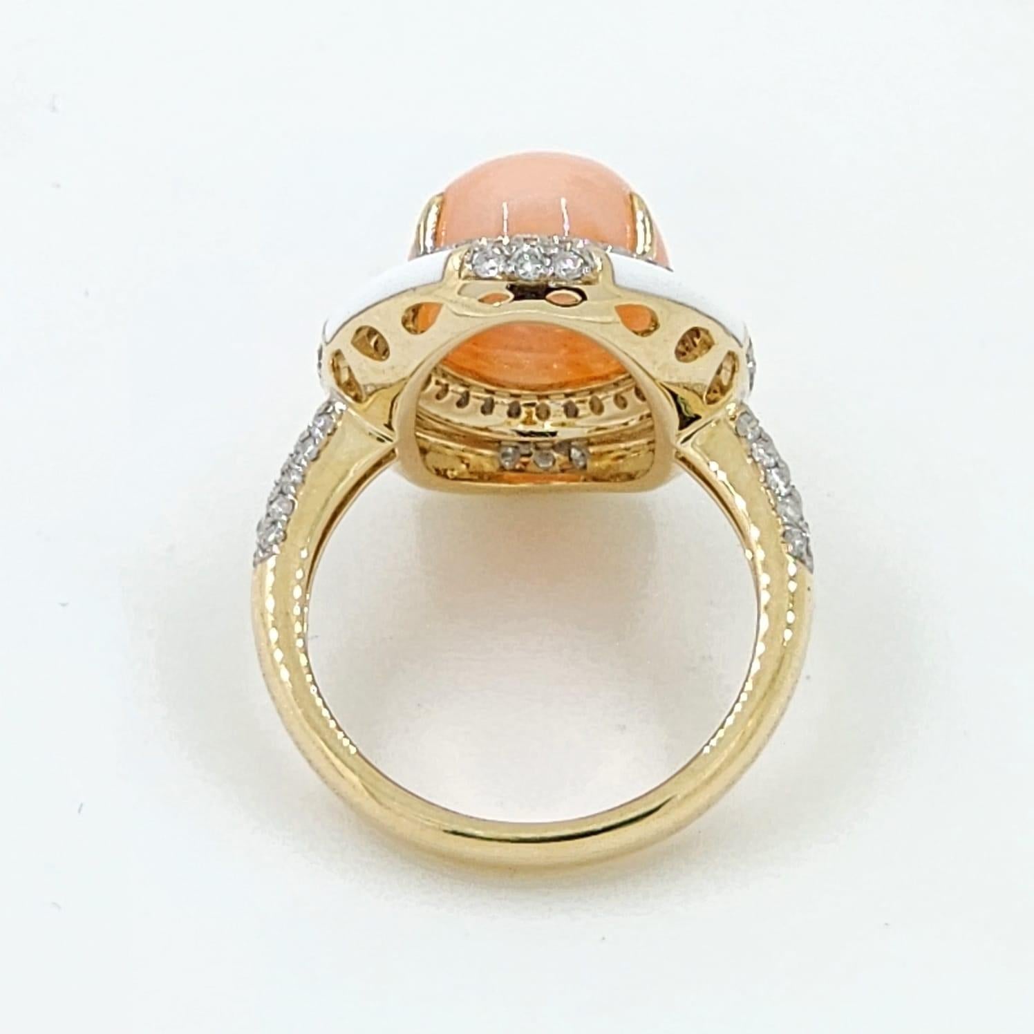 Women's Angle Skin Color Coral Diamond Enamel Ring in 14 Karat Yellow Gold For Sale