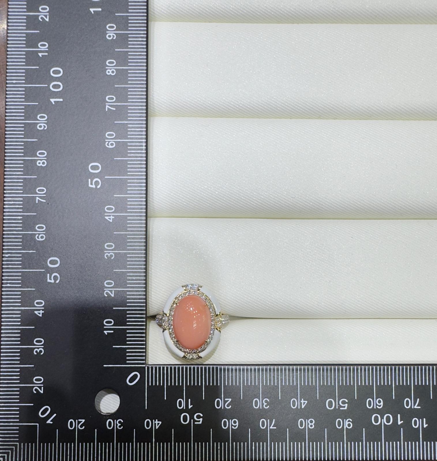 Angle Skin Color Coral Diamond Enamel Ring in 14 Karat Yellow Gold 2
