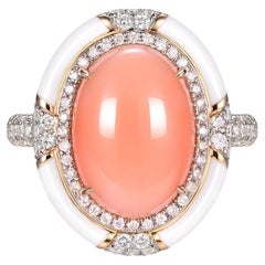 Angle Skin Color Coral Diamond Enamel Ring in 14 Karat Yellow Gold