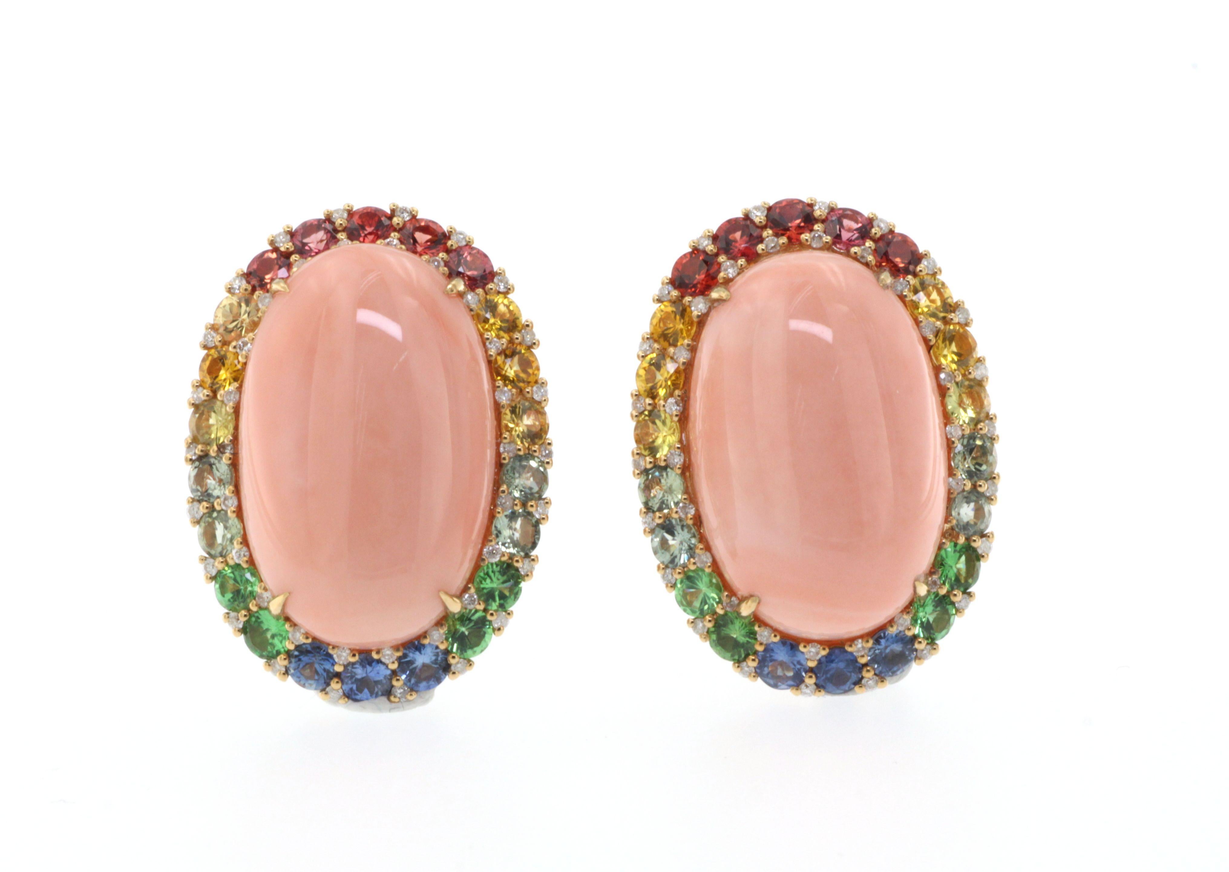 Cabochon Angle Skin Coral Rainbow Sapphire Clip-On Earring in 18k Rose and White Gold For Sale
