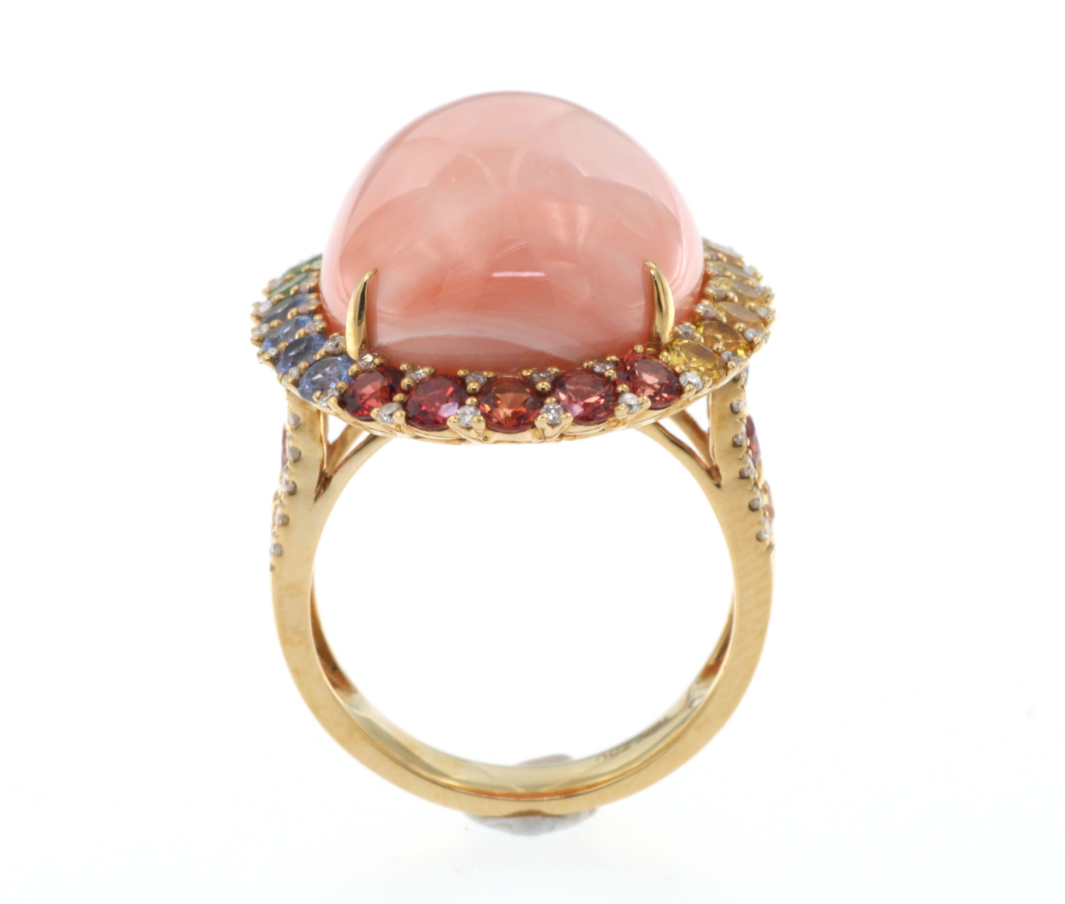 Contemporary Angle Skin Coral Rainbow Sapphire Ring in 18K Yellow Gold For Sale