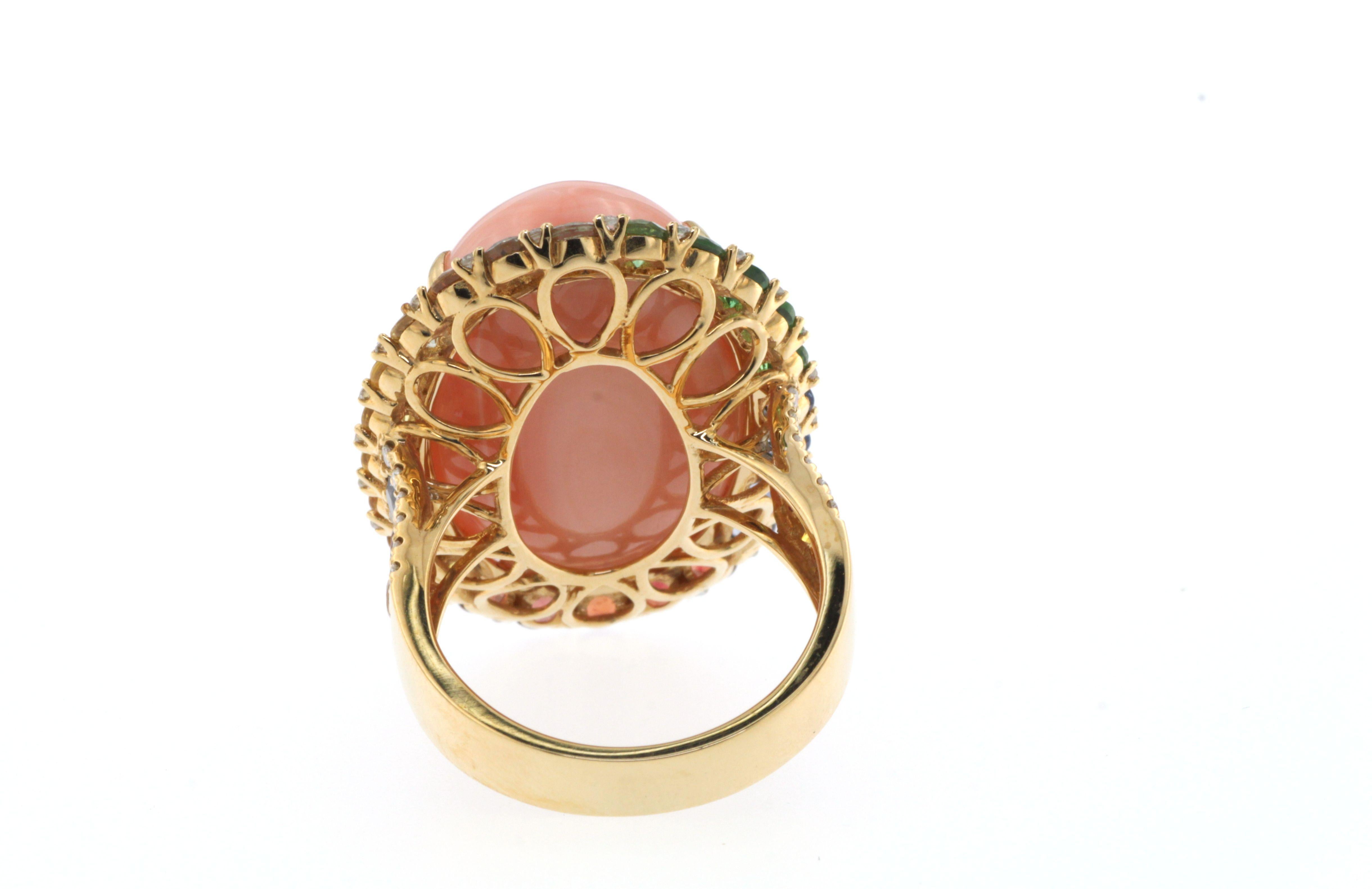 Cabochon Angle Skin Coral Rainbow Sapphire Ring in 18K Yellow Gold For Sale