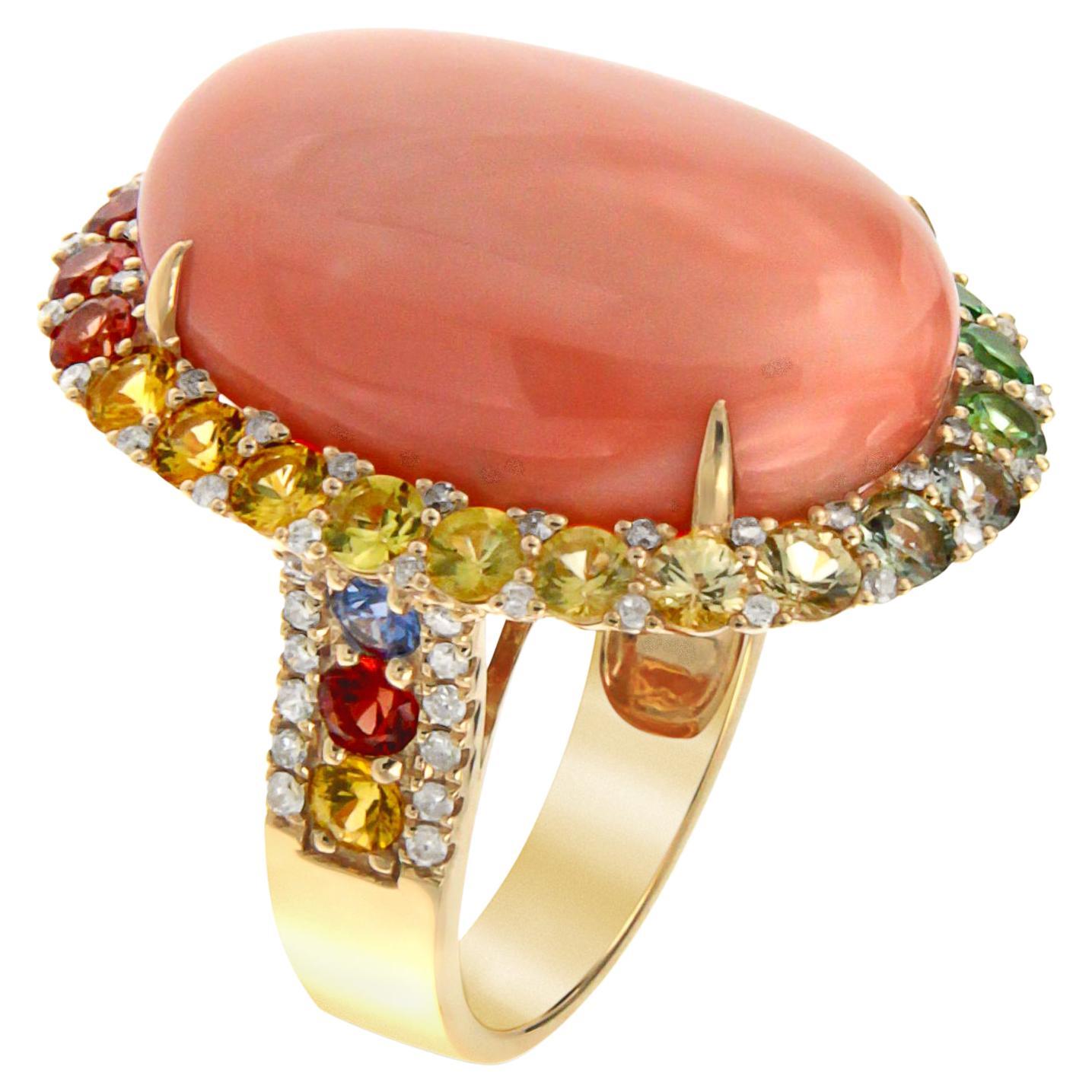 Angle Skin Coral Rainbow Sapphire Ring in 18K Yellow Gold For Sale