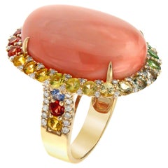 Angle Skin Coral Rainbow Sapphire Ring in 18K Yellow Gold